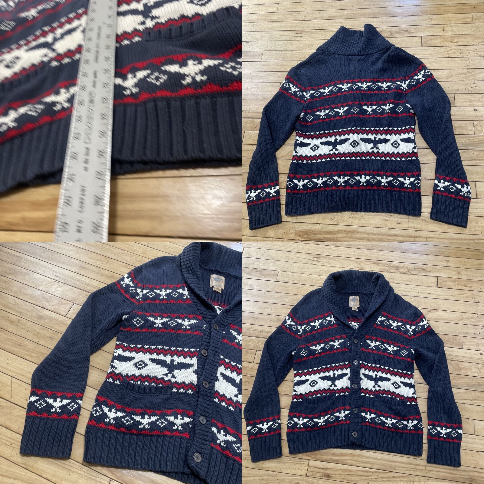 Vintage Salt Valley Cardigan Sweater L Blue Red White Cotton Knit Shawl Collar Casual Mens 90s Lebowski Aztec Fair Isle Pockets Size US L / EU 52-54 / 3 - 9 Thumbnail
