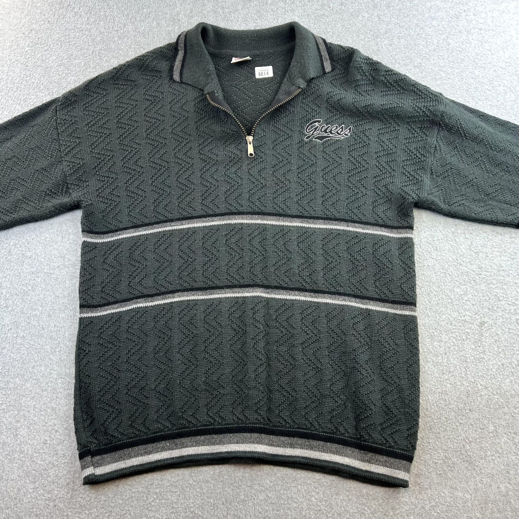 Guess VINTAGE GUESS Sweater Mens XL Green 1/4 Zip Collared Striped Made USA 90s Size US XL / EU 56 / 4 - 4 Thumbnail