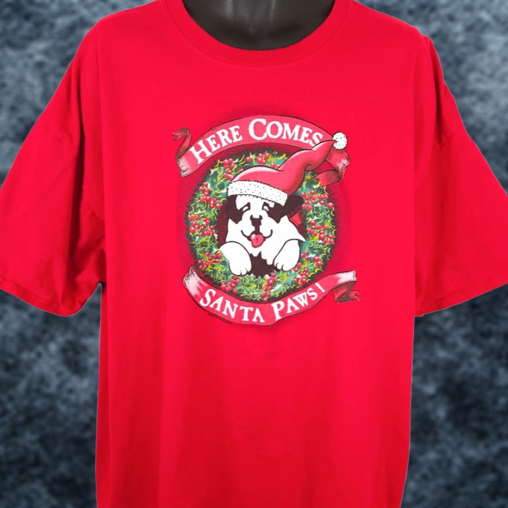 Hanes VINTAGE Hanes T-Shirt Mens 3XL Red Christmas Santa Paws St Bernard Big Dog Y2K Size US XXL / EU 58 / 5 - 1 Thumbnail