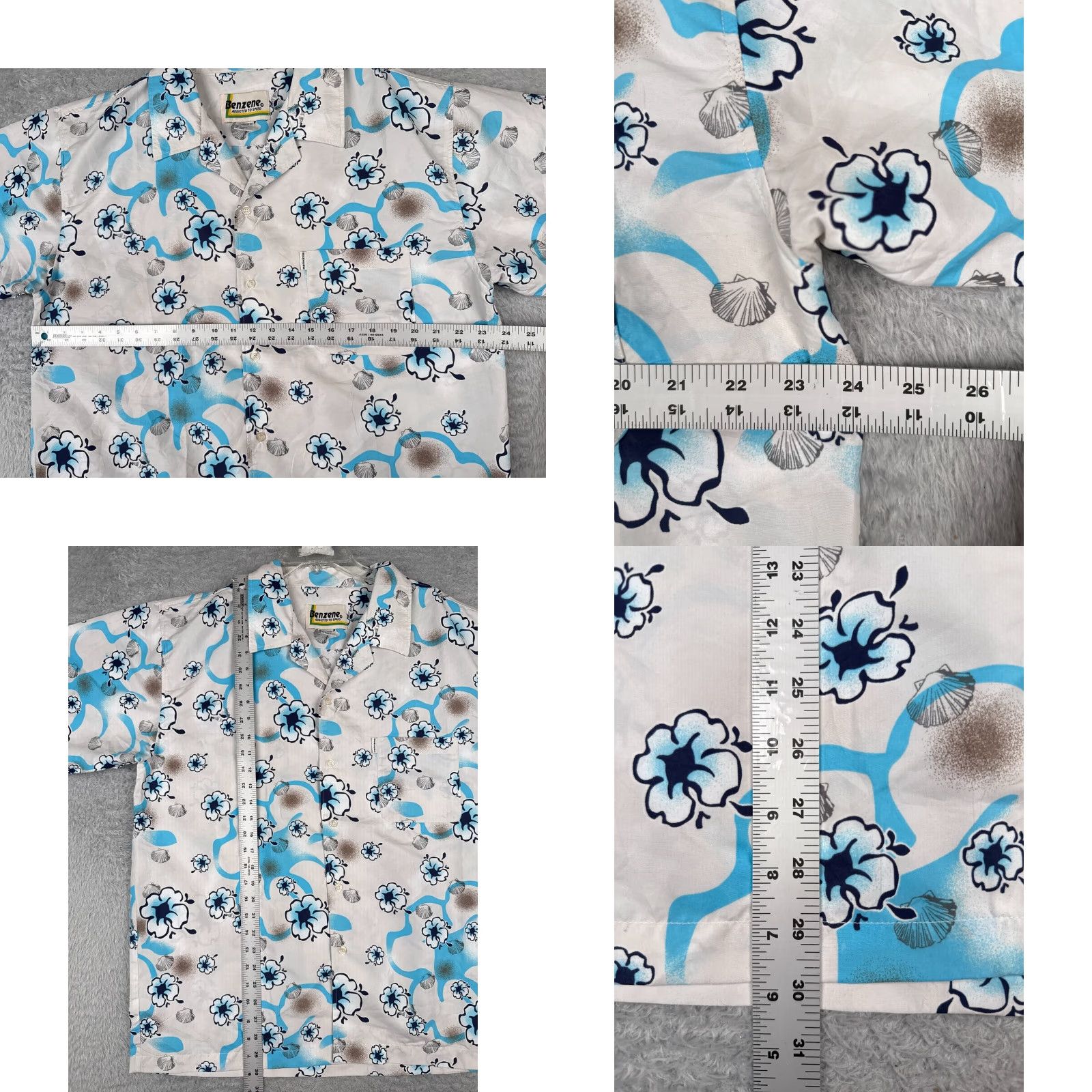Vintage Benzene Shirt Mens Large White Blue Floral Hibiscus Palm Tree Polyester Hawaiian Size US L / EU 52-54 / 3 - 8 Thumbnail