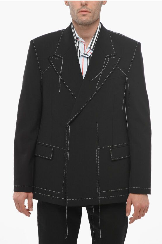 image of Off White Double-Breasted Wool Blend Blazer With Visible Stitchings in Black, Men's (Size Medium)