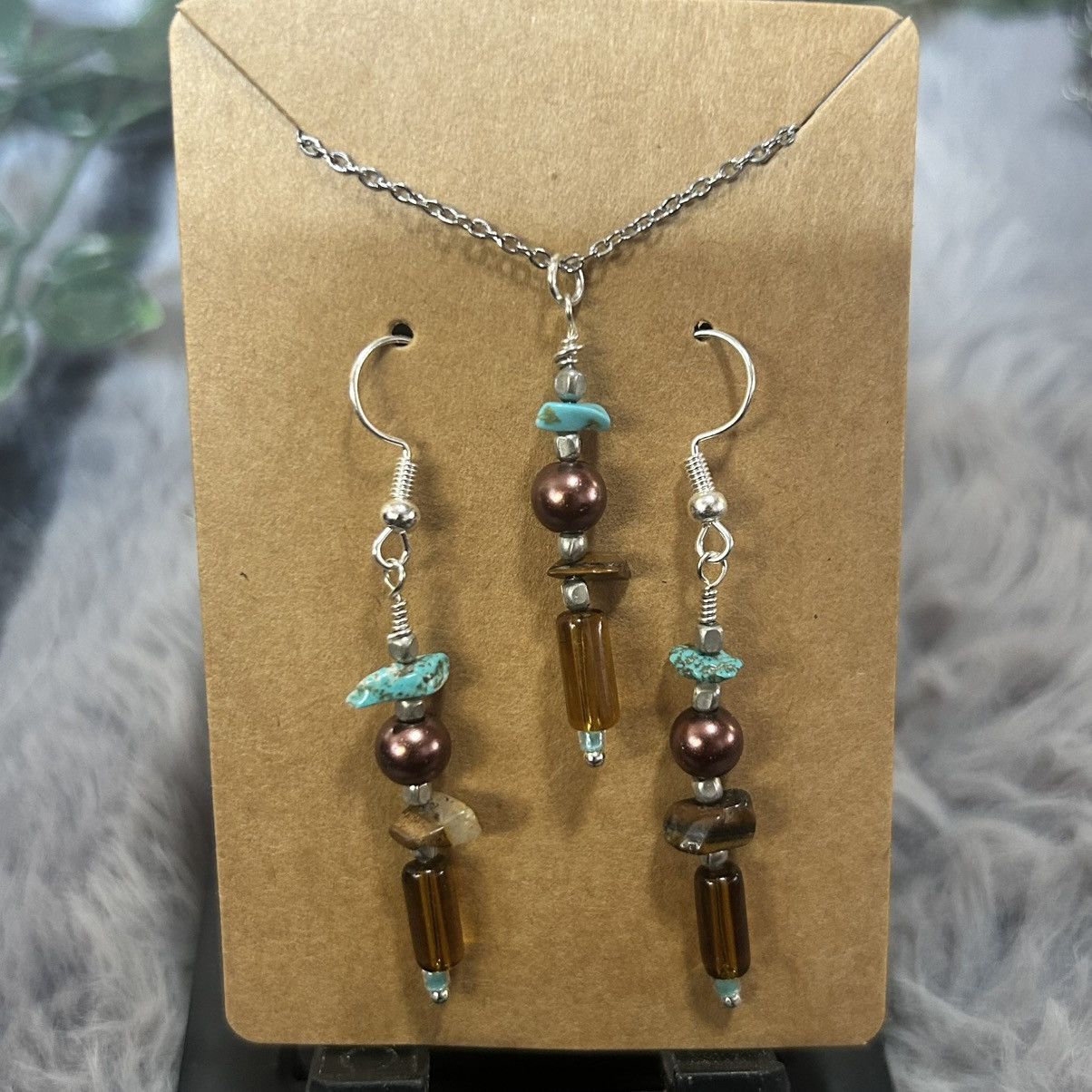 Handmade Handcrafted boho tigers eye turquoise pearl glass set Size ONE SIZE - 2 Thumbnail