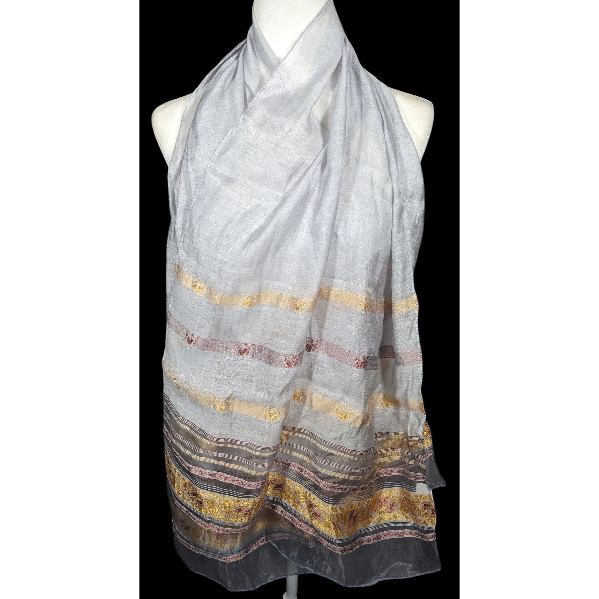 Other Semi Sheer Grey And Gold Metallic Striped Scarf Size ONE SIZE - 1 Thumbnail