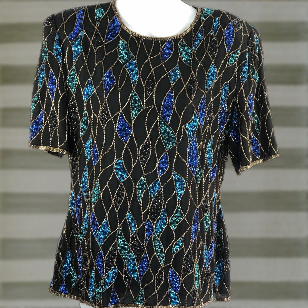 Vintage VINTAGE Scala Blouse 100% Silk Top Beaded Sequin Round Neck Short Sleeve Black Geometric 80s 90s Elegant Women's Petite XS-XL Size L / US 10 / IT 46 - 1 Thumbnail