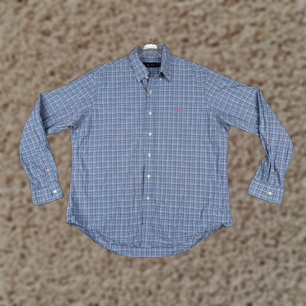 Polo Ralph Lauren VINTAGE Polo Ralph Lauren Shirt Men XL Blue Plaid Button-Up Cotton Long Sleeve Casual Workwear 90s Camping Outdoor American Mens Size US XL / EU 56 / 4 - 1 Thumbnail