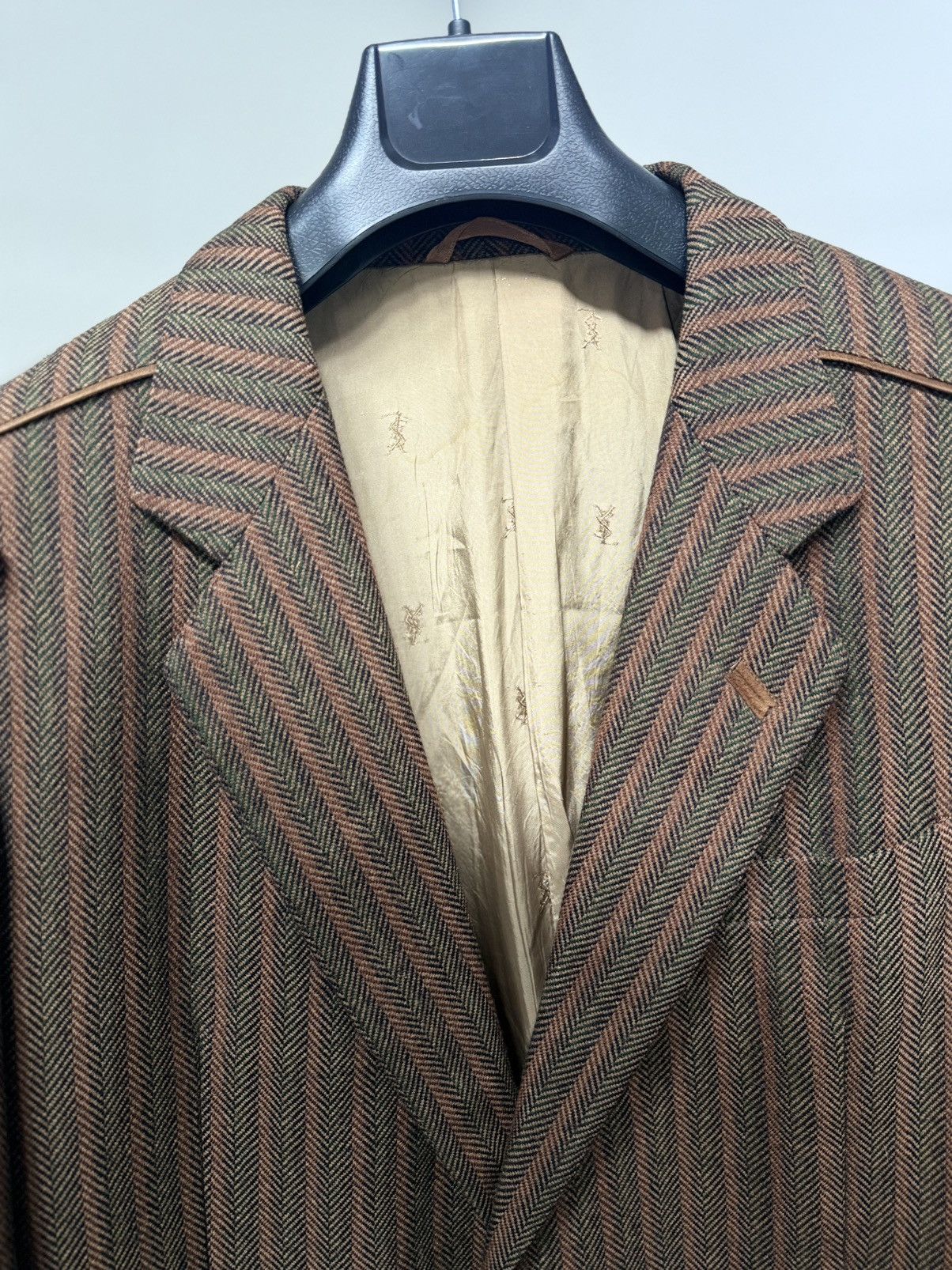 Yves Saint Laurent Vintage YSL Blazer Brown Herringbone Wool Leather Buttons IT Size 44S - 5 Thumbnail