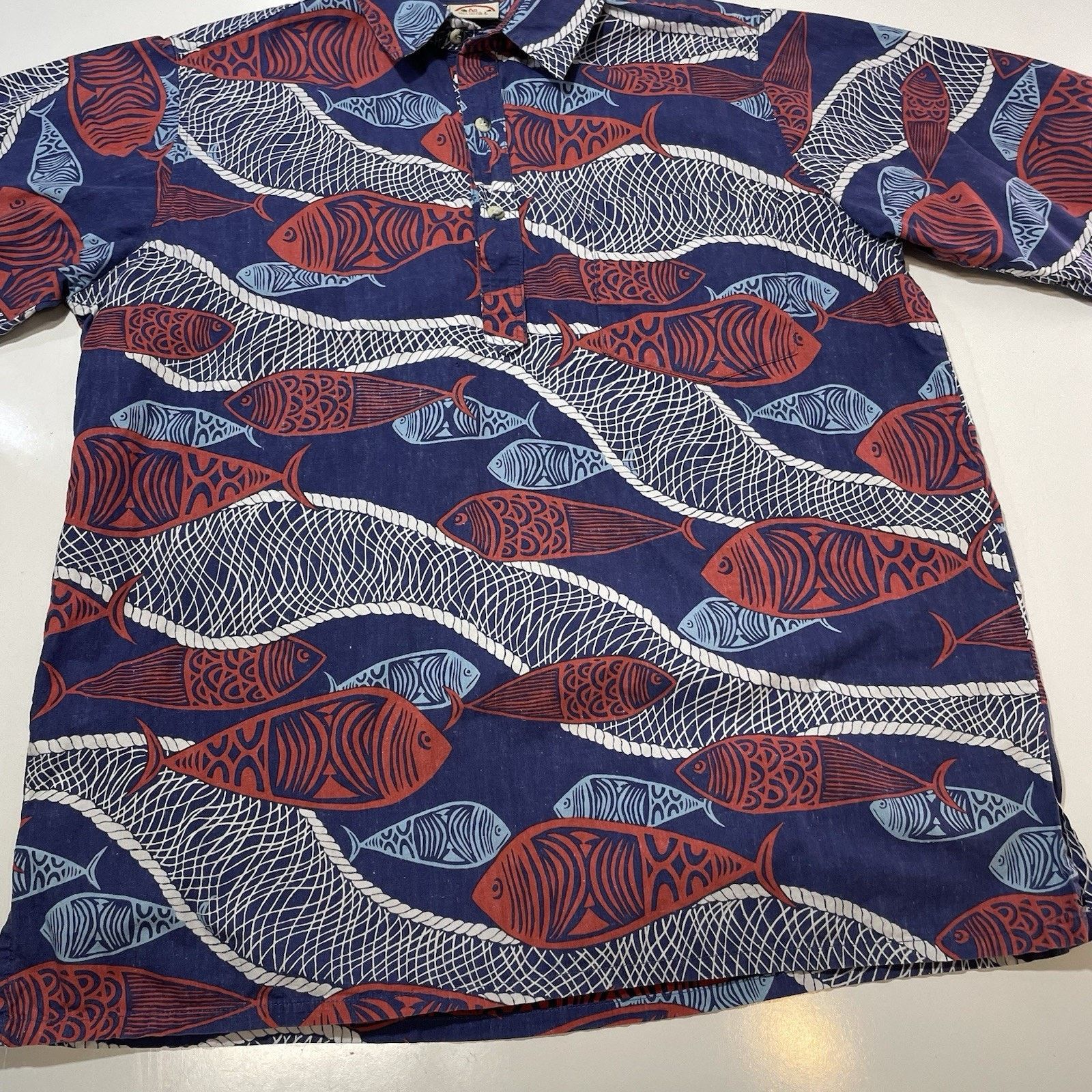 ALOHAS Go Barefoot Hawaiian Shirt Men’s Lg Blue Fish Reverse Print Size US L / EU 52-54 / 3 - 2 Thumbnail