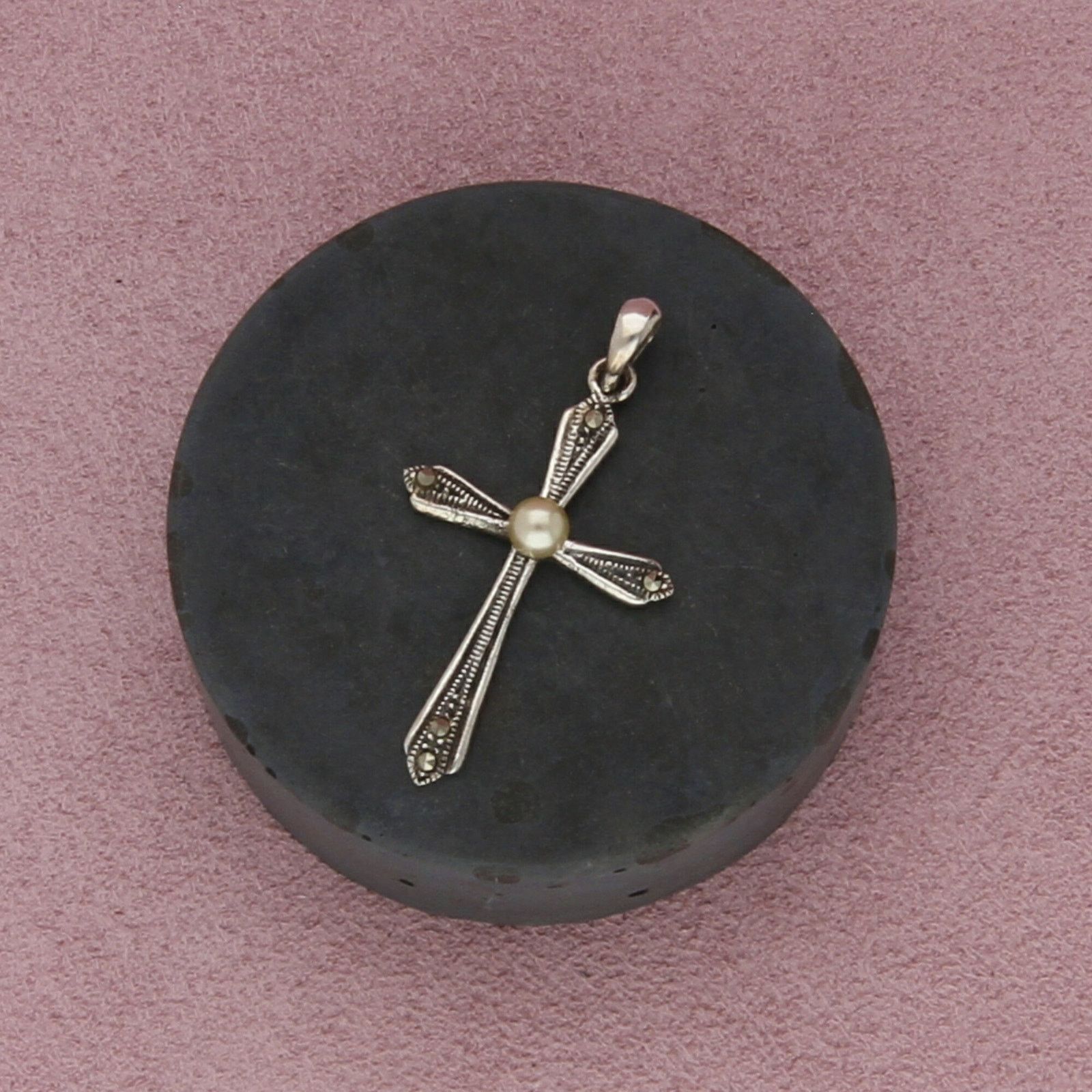 Sterling Silver sterling silver vintage marcasite pearl cross pendant Size ONE SIZE - 1 Thumbnail