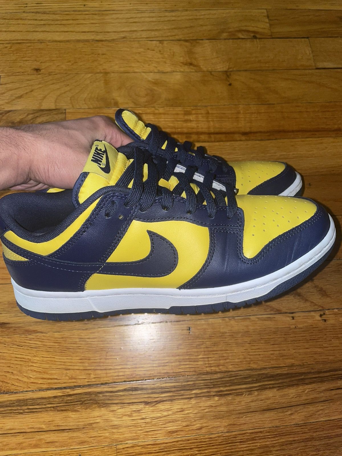 image of Nike Low Dunk Michigan Shoes in Blue/Yellow, Men's (Size 8)