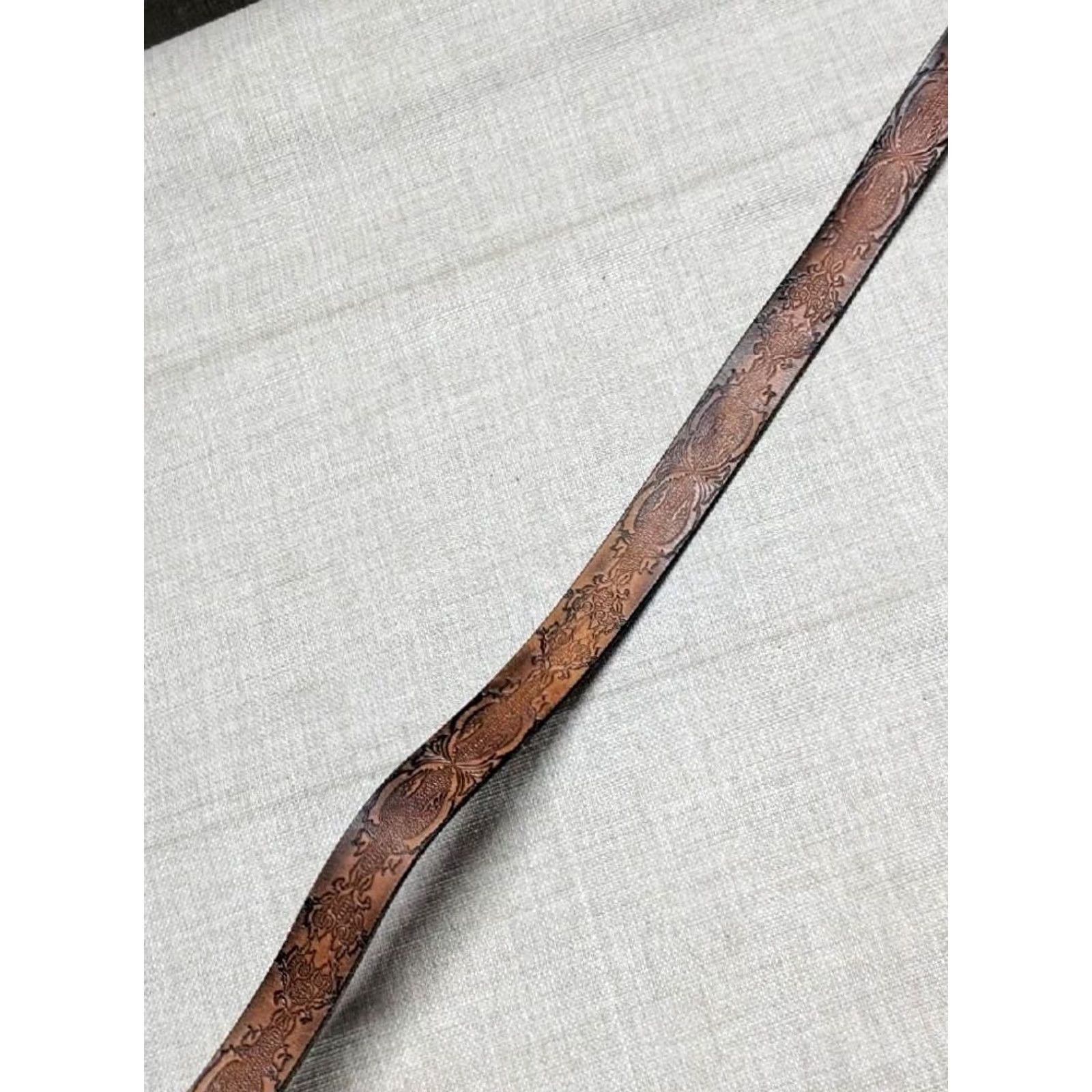 Vintage VINTAGE leather belt 1-1/4" full grain cowhide brown western belt Men 46 Southwestern patina buckle snaps Cowboy Rodeo 46 Mens Size 46 - 7 Thumbnail