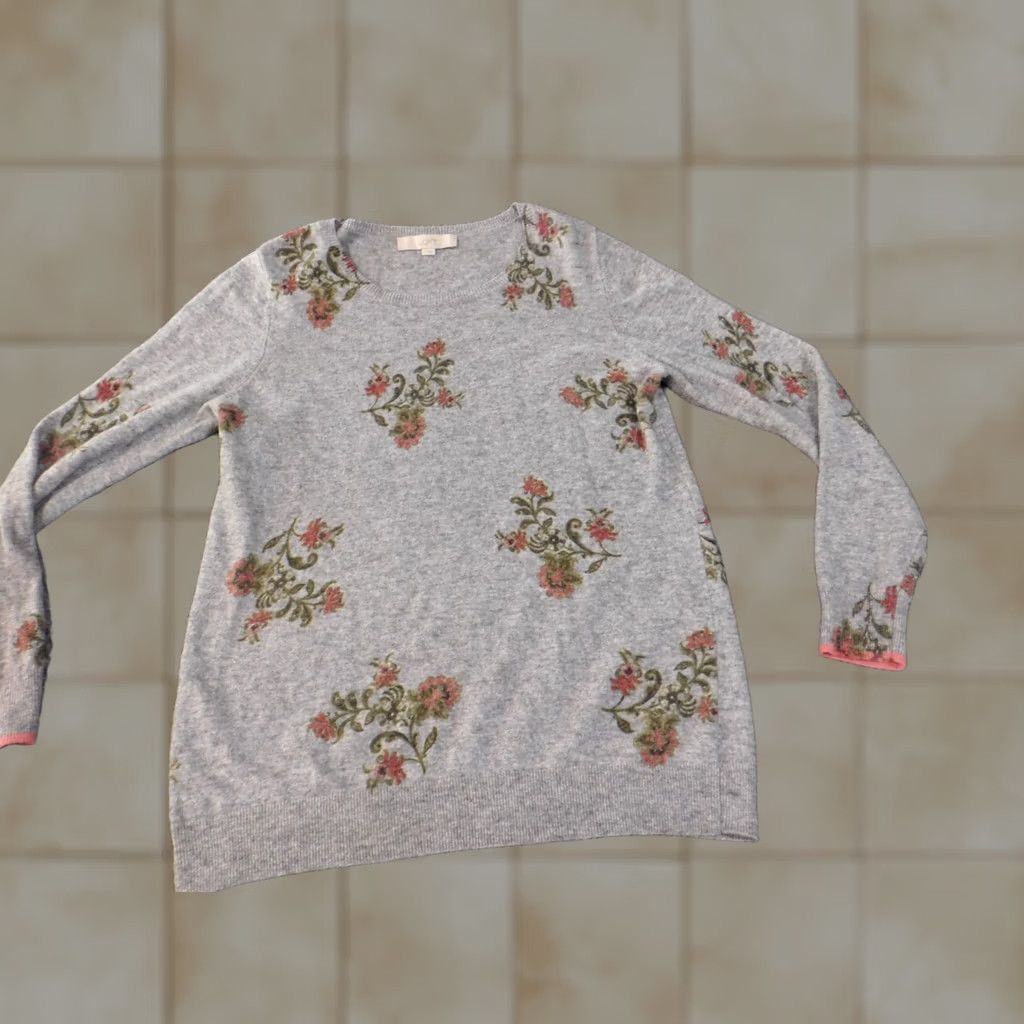 Loft LOFT Sweater Crew Neck Wool Cotton Floral Long Sleeve M Gray Womens Pullover Casual Modern Vintage No Size M / US 6-8 / IT 42-44 - 1 Thumbnail