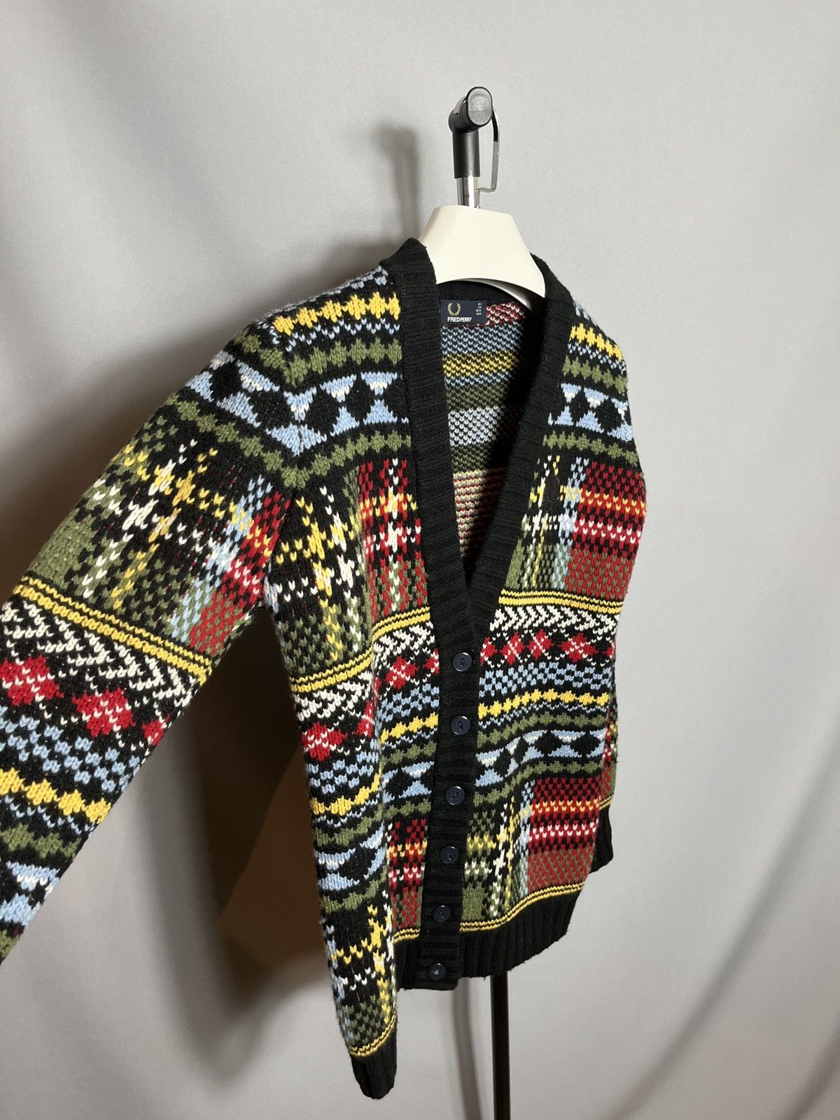 Designer Fred Perry Thick Chunky Knit Oversize Fairisle Cardigan Size S / US 4 / IT 40 - 3 Thumbnail