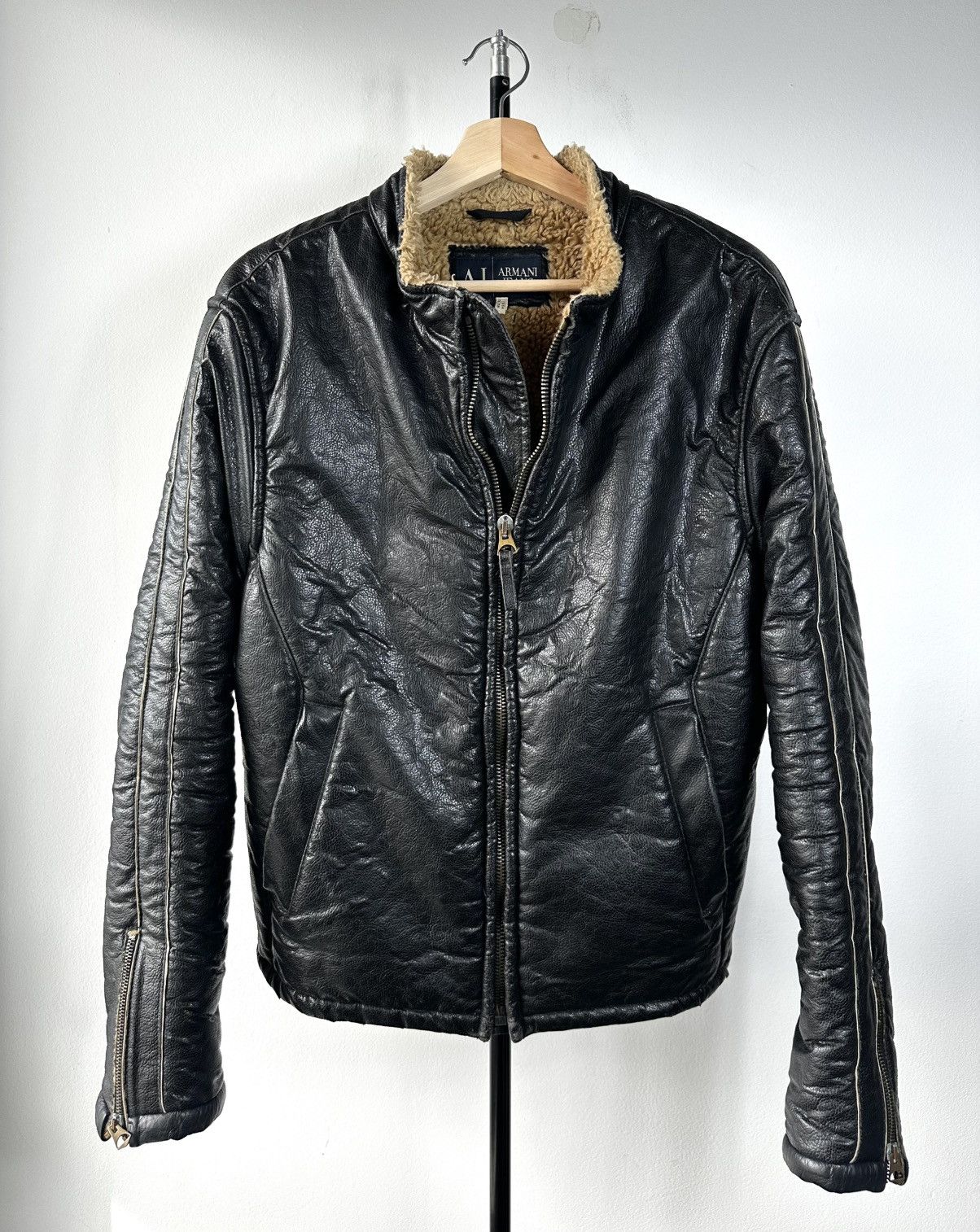 Emporio Armani Armani Jeans Faux Leather Shearling Bomber Jacket Black Fur Size US L / EU 52-54 / 3 - 1 Thumbnail