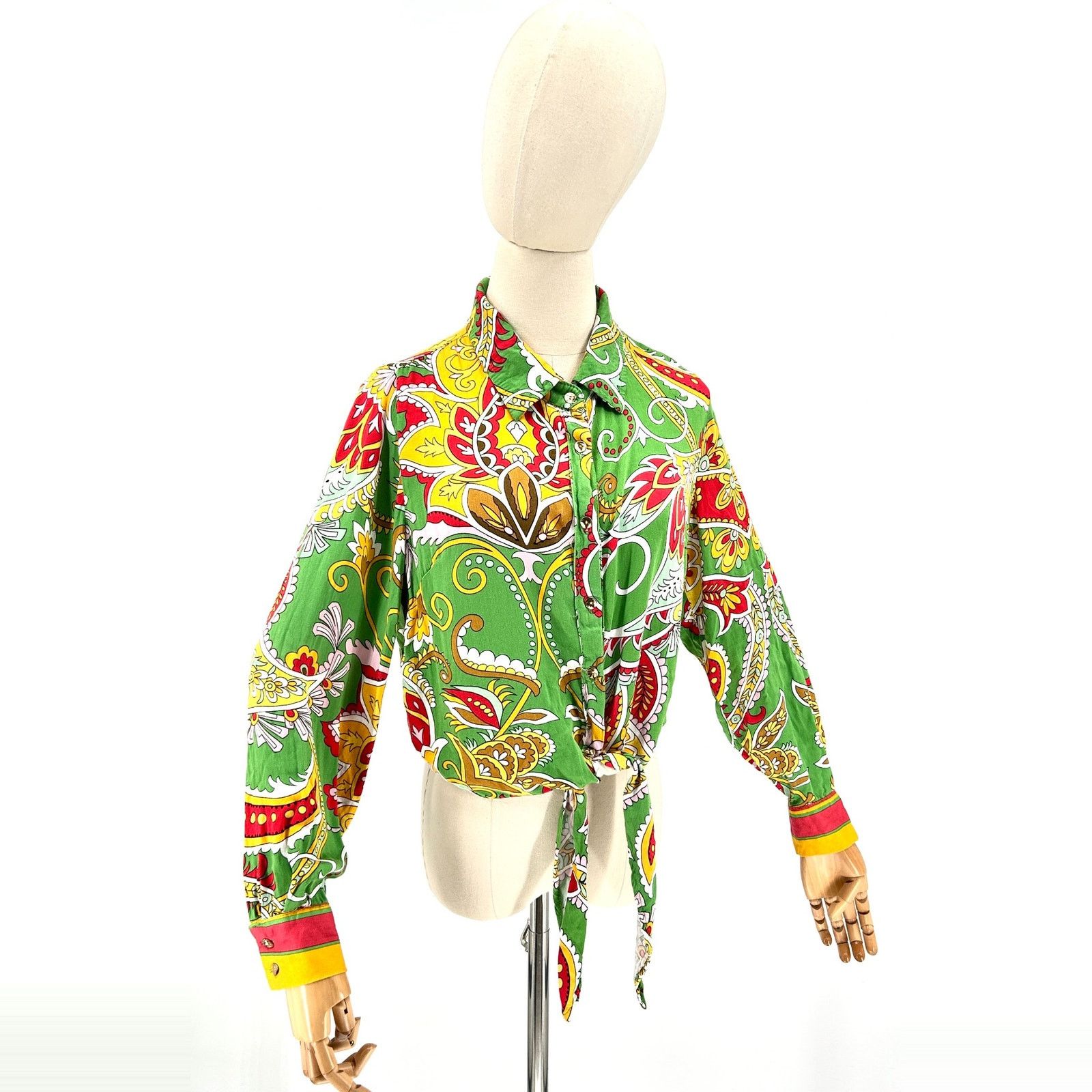Haute Hippie Green Yellow Paisley Silk Wrap Front Tie Crop Top Blouse Size L / US 10 / IT 46 - 1 Thumbnail