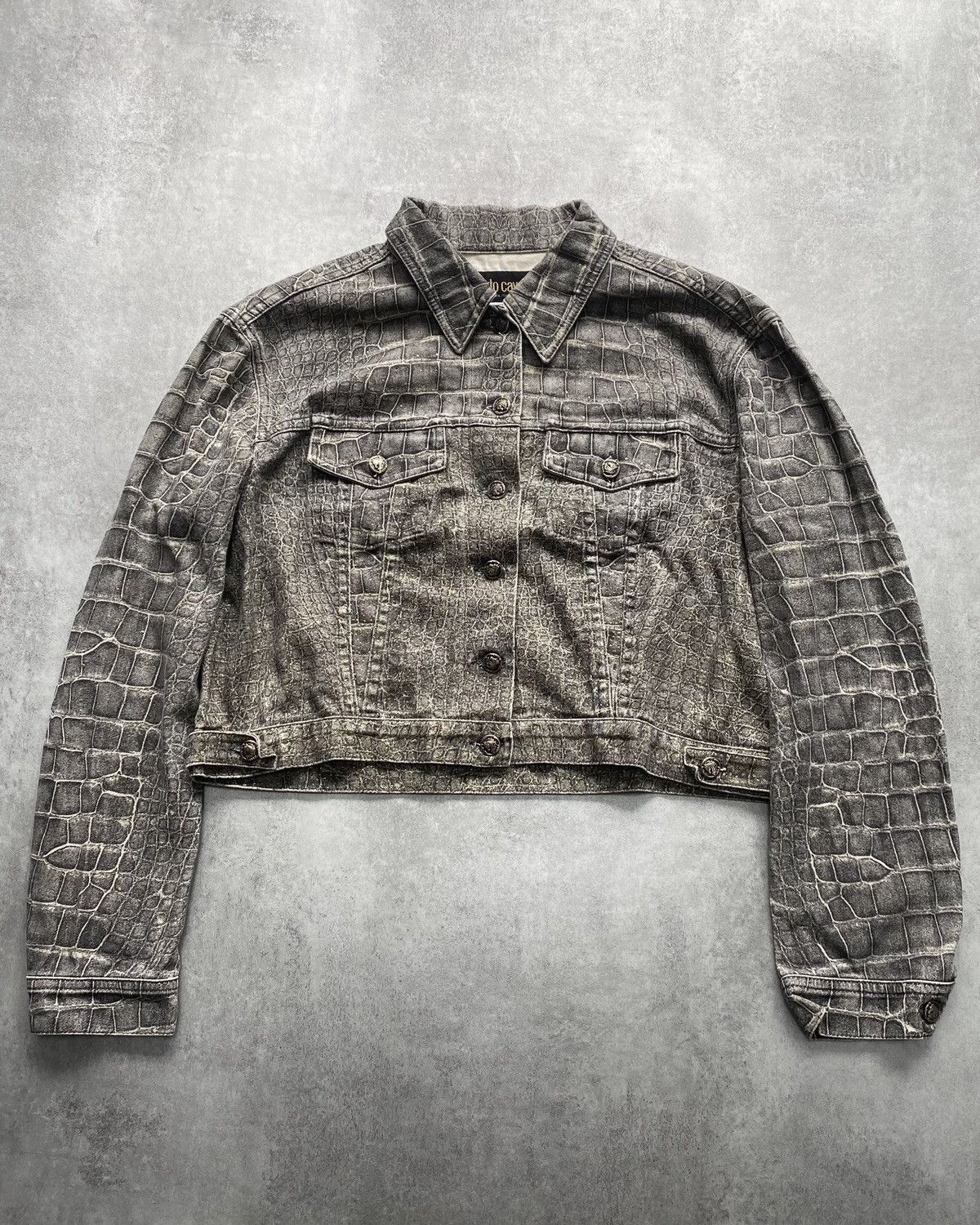 image of 1990S Roberto Cavalli Crocodile Printed Cropped Denim Jacket in Grey, Men's (Size XS)