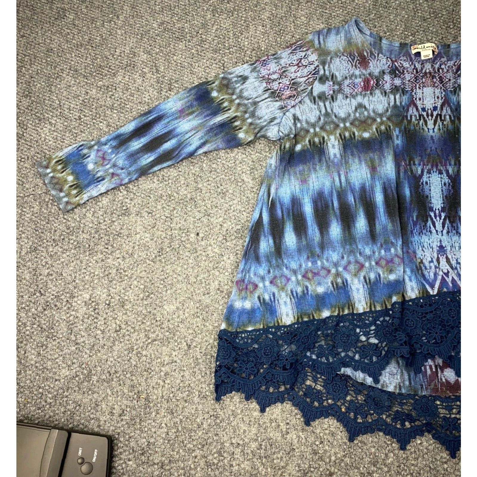 Vintage World Unity Shirt 1X Blue Bohemian Hippie Tie Dye Lace Geometric 3/4 Sleeve Round Neck Pullover Blouse Tunic Women Size XL / US 12-14 / IT 48-50 - 4 Thumbnail