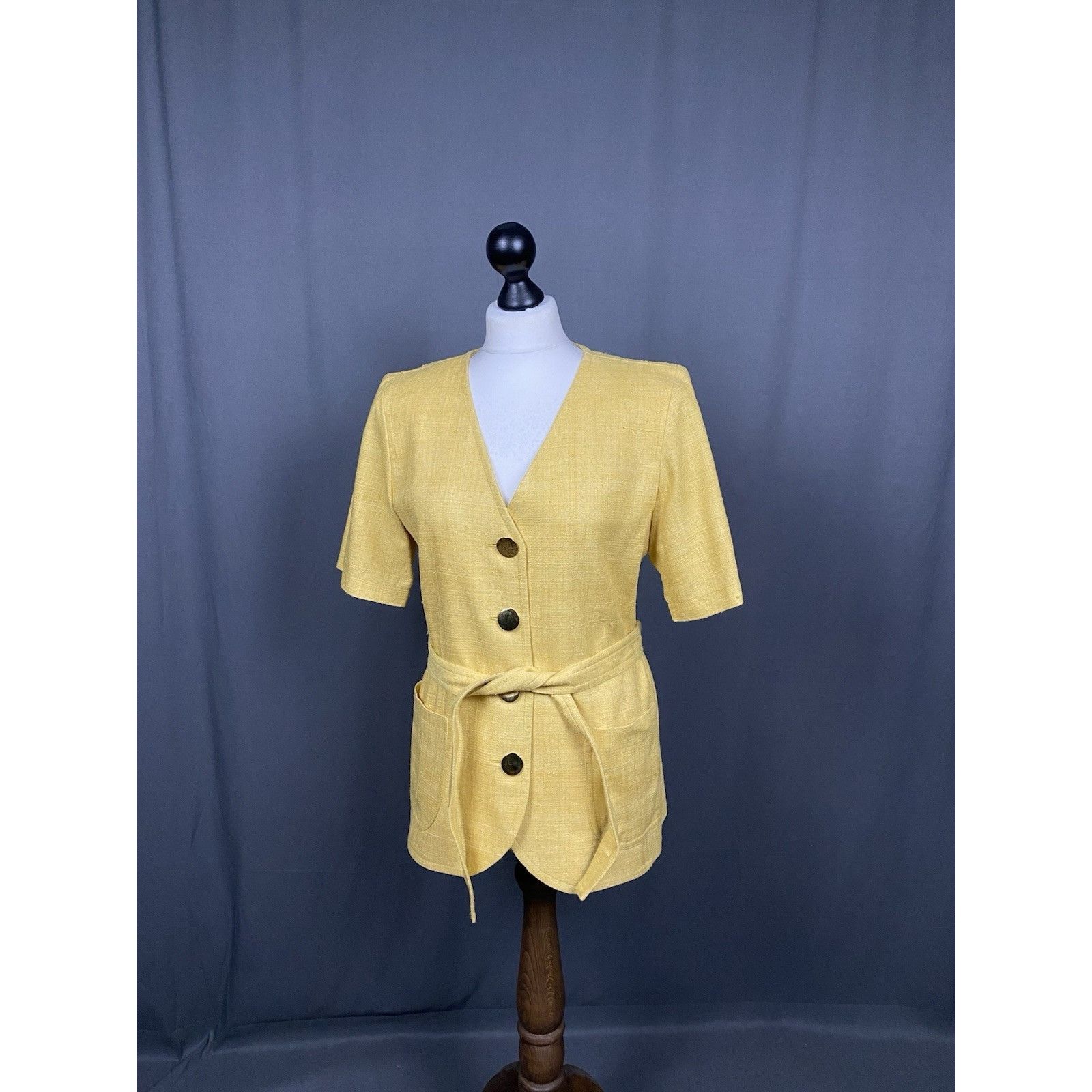 Yves Saint Laurent YSL Variation Women's Yellow Silk Short Sleeve Blazer Jacket Size L / US 10 / IT 46 - 4 Thumbnail
