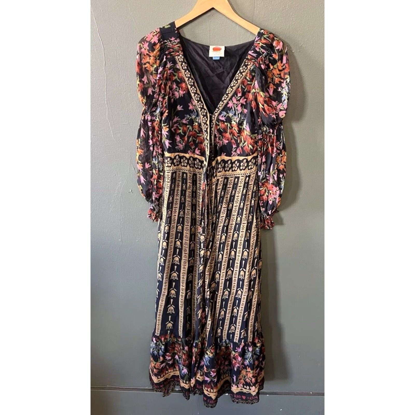 Farm Rio Farm Rio Dress Womens XS Multicolor Floral Maxi Side Slit V-Neck Puff Sleeve Size XS / US 0-2 / IT 36-38 - 2 Thumbnail