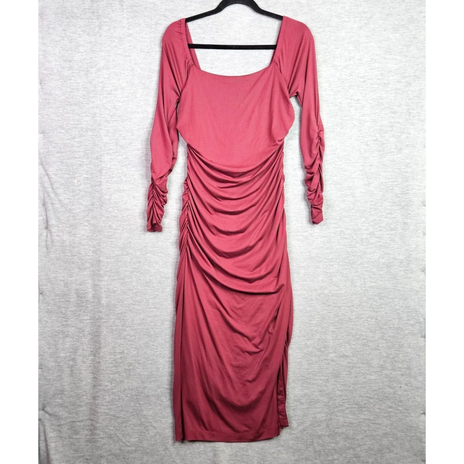 Anthropologie Anthropologie Dress Women's Burgundy Ruched Midi Square-neck Fitted PS Petite Sleeved Long Sleeve Solid Colorful 90s? No, not applicable Size S / US 4 / IT 40 - 2 Thumbnail