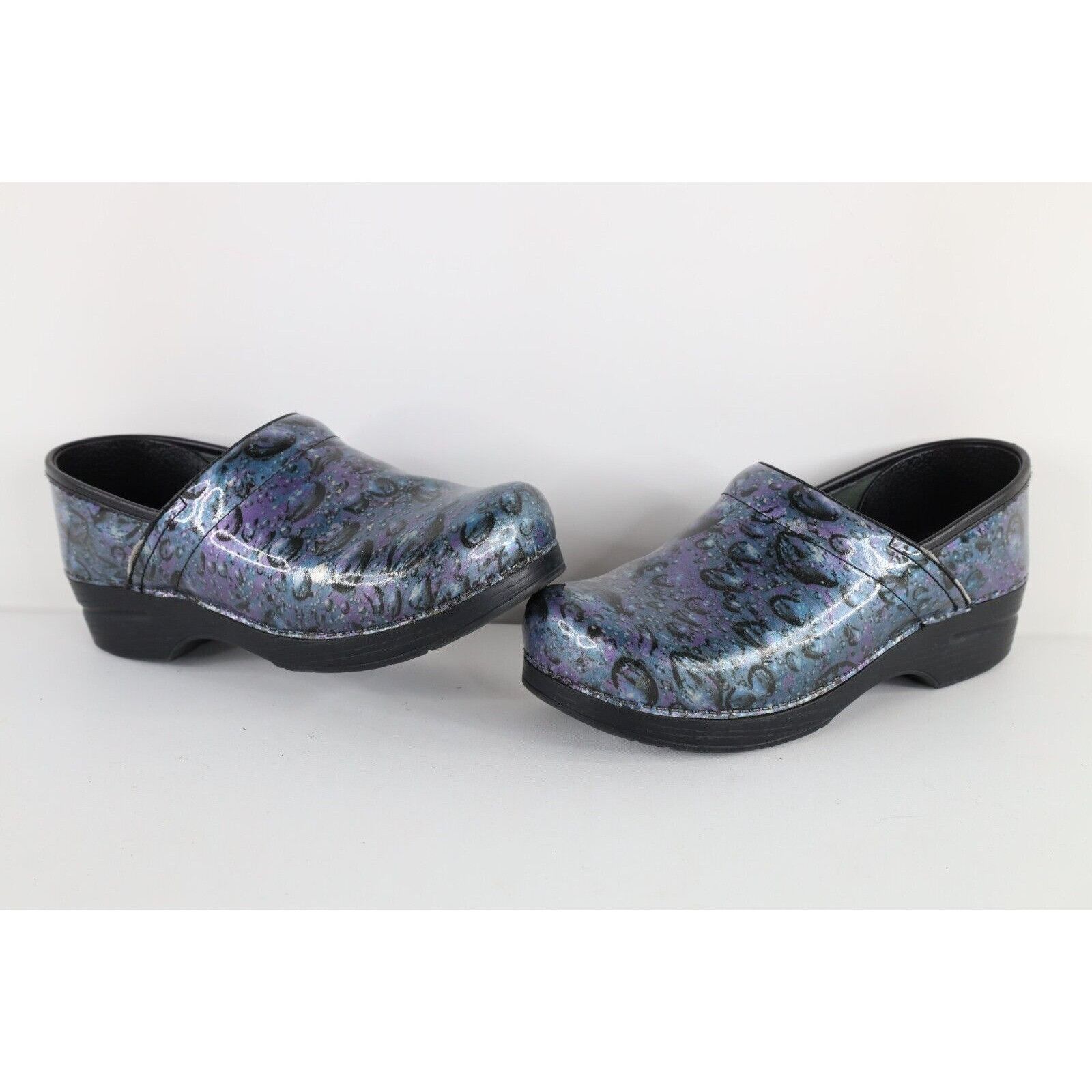 Dansko Distressed Patent Leather Slip On Clogs Shoes