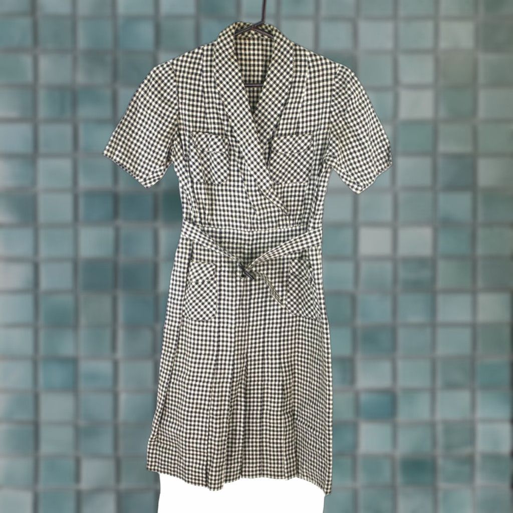 Vintage VTG Shawl Collared Pocket Dress Women's Size M Front Short Sleeves Plaid Black Size 32" / US 10 / IT 46 - 1 Thumbnail