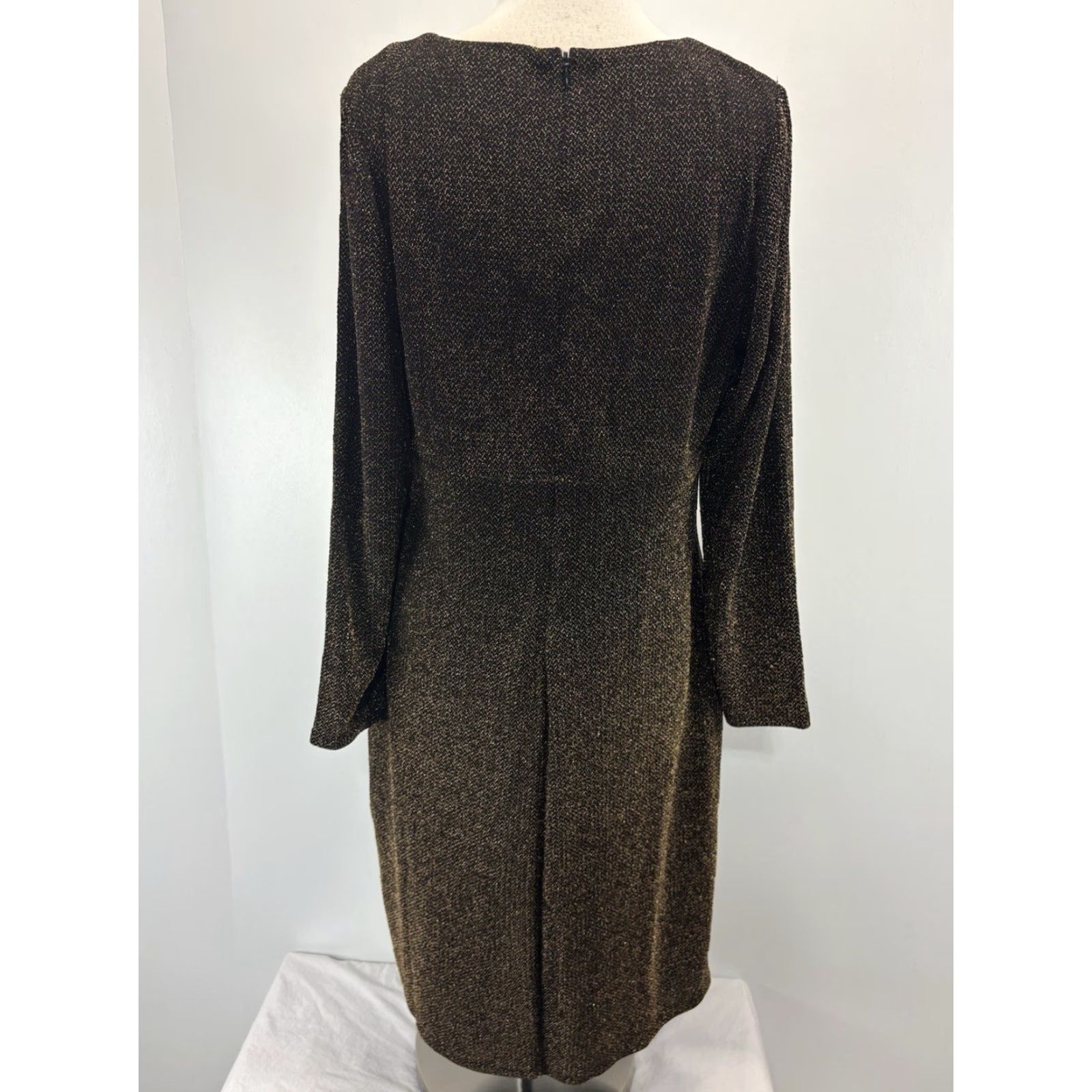 Ralph Lauren Lauren Ralph Lauren Draped Shift Dress Womens 14W Plus Black Gold Metallic Knee Length Long Sleeve Round Neck Zip Ruched Stretch Party Formal Womens Size XL / US 12-14 / IT 48-50 - 3 Thumbnail