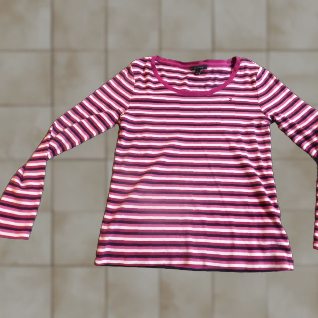 Tommy Hilfiger Tommy Hilfiger Blouse Womens Small Purple Striped Collared Pullover Long Sleeve Casual Logo Classic Style Size S / US 4 / IT 40 - 1 Thumbnail