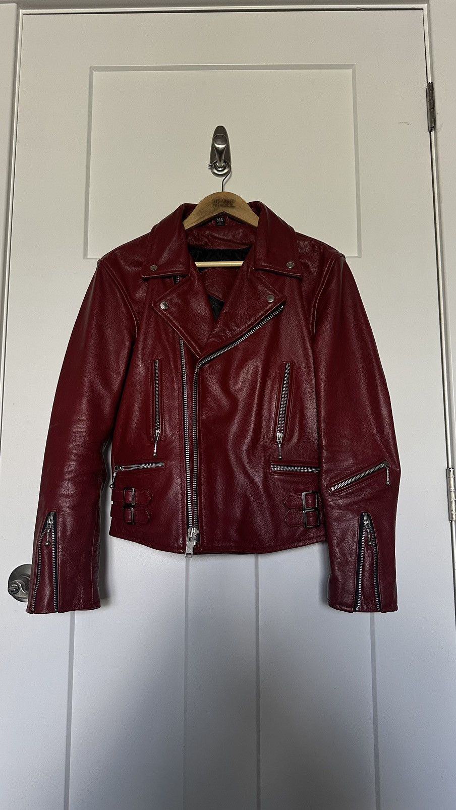 image of Straight To Hell Defector Leather Motorcycle Jacket Burgundy in Burgandy, Men's (Size Small)