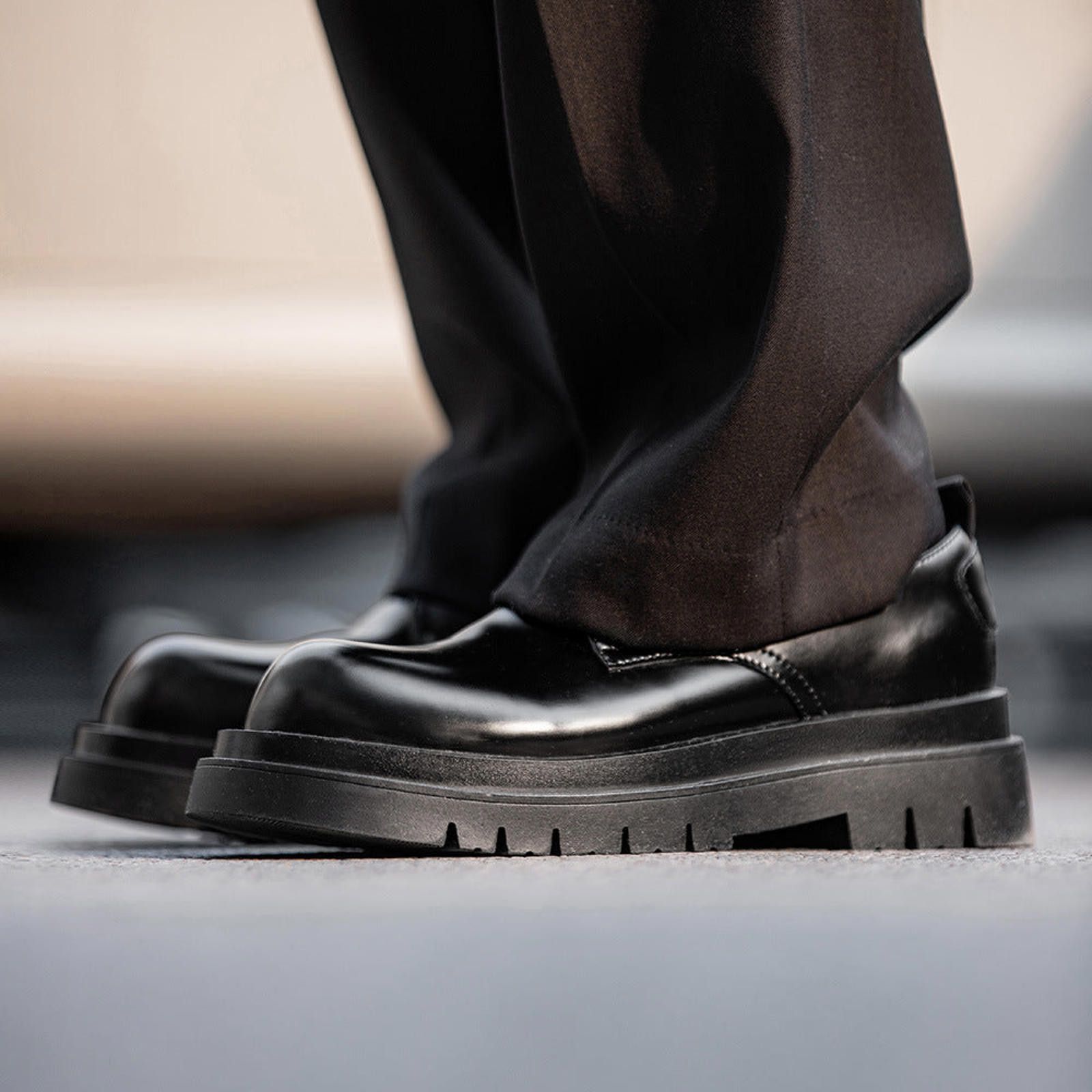 Leather Black Chunky Platform Leather Shoes, Round Toe Shoes Size US 10 / EU 43 - 3 Thumbnail