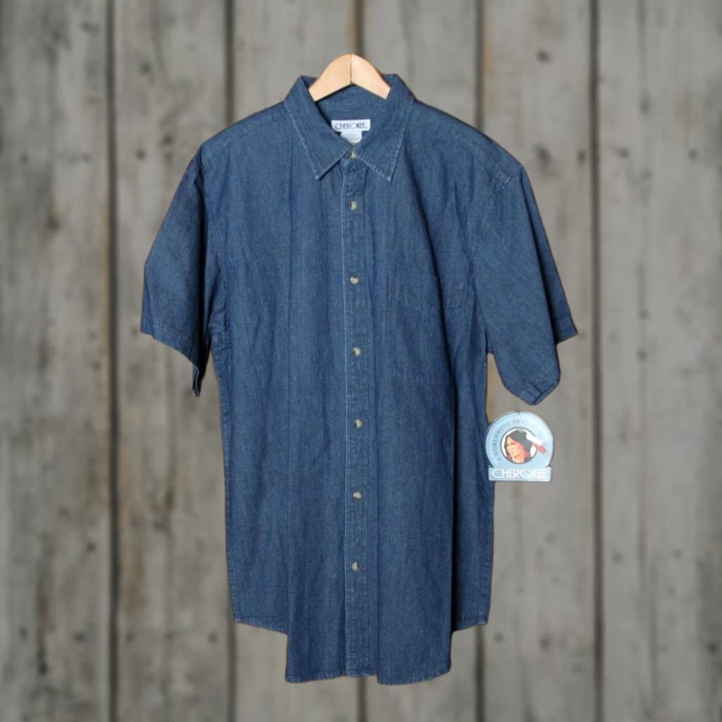 Cherokee VINTAGE Cherokee Denim Shirt, Button-Up, Blue, L, Short Sleeve, 90s, Men, Stone Wash, Cotton, Regular Size US L / EU 52-54 / 3 - 1 Thumbnail