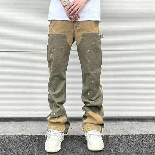 image of Distressed Denim Spliced Speckled Ink Micro Flare Pant in Khaki, Men's (Size 32)