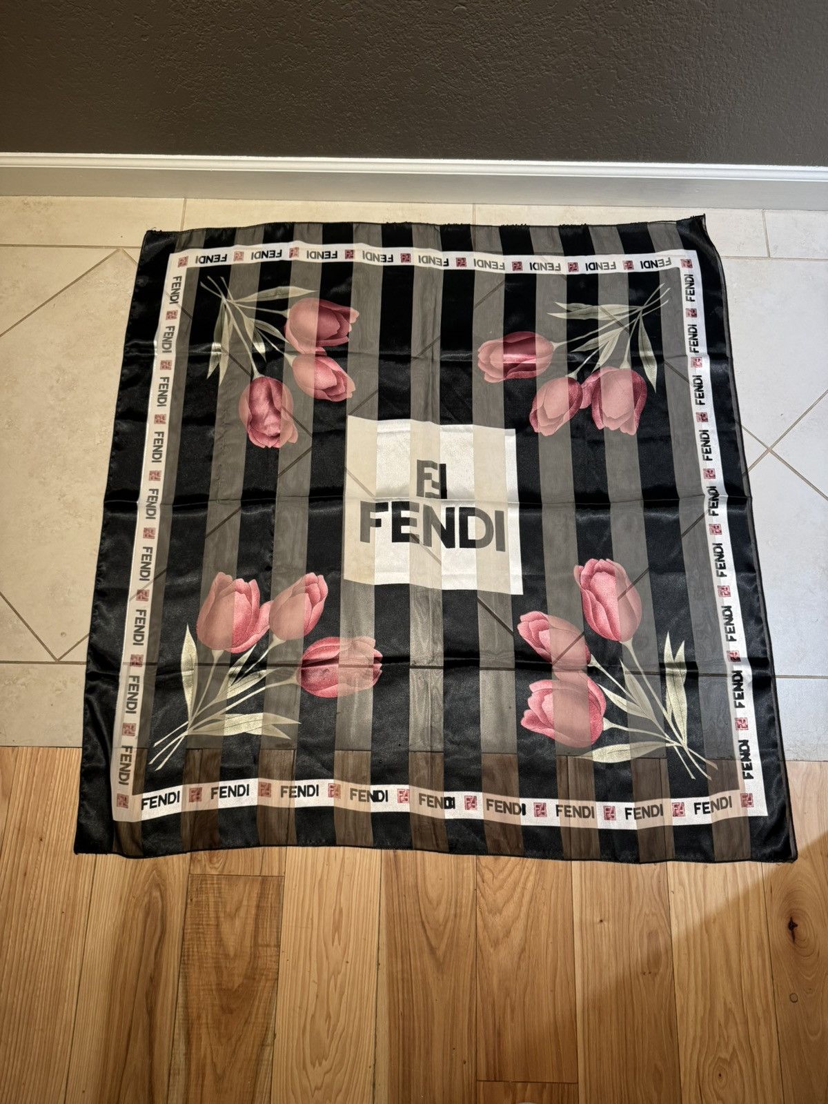 Fendi Fendi Black Pink Tulip Flower Silk Scarf Holes Used Size ONE SIZE - 1 Thumbnail