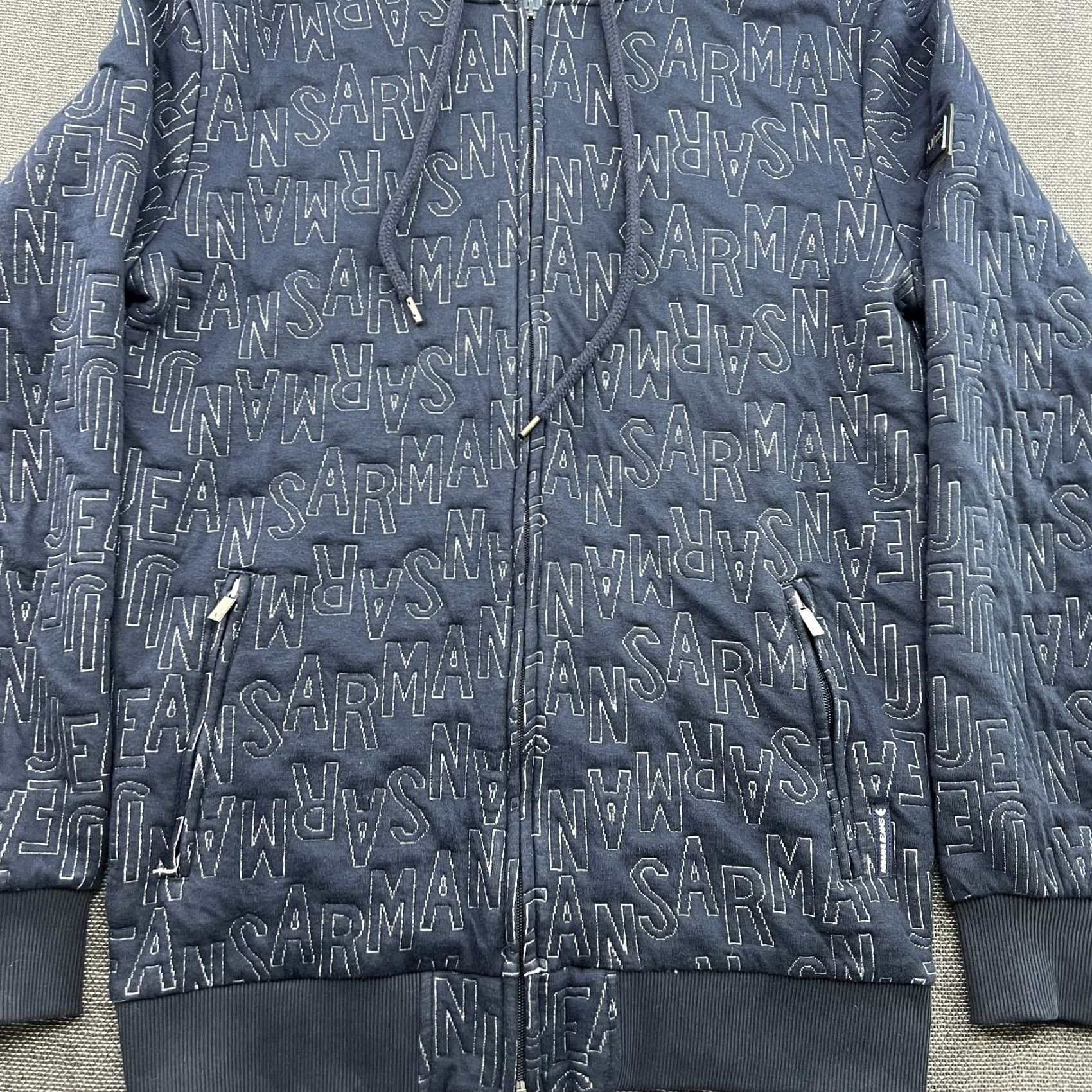 Vintage Armani Jeans MEns Hoodie Large Hoody AOP Spellout All Over Print Full Zip Blue Size US 33 - 2 Thumbnail
