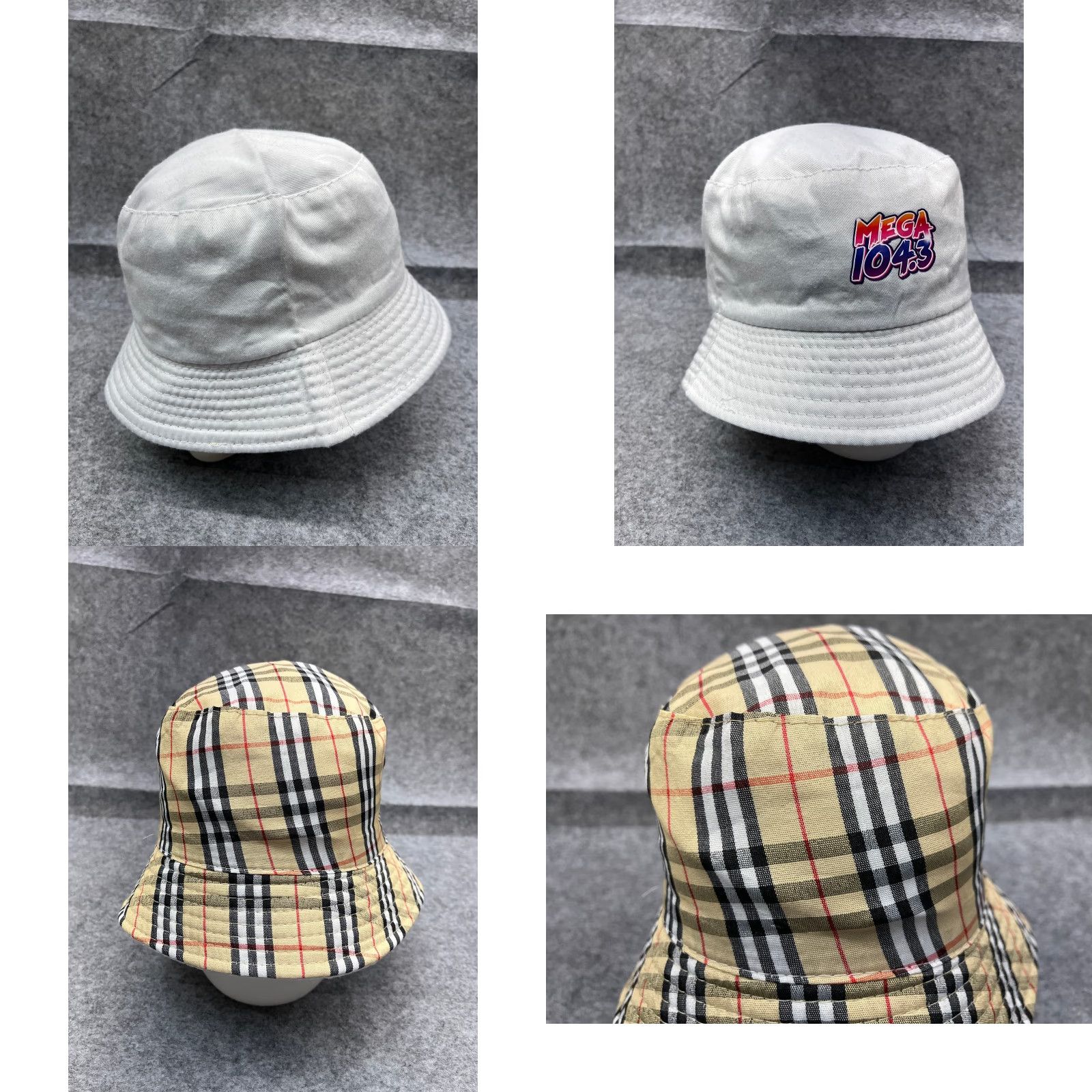 Omega Bucket Hat Adult One Size White Beige Plaid Cotton Reversible Size ONE SIZE - 8 Thumbnail