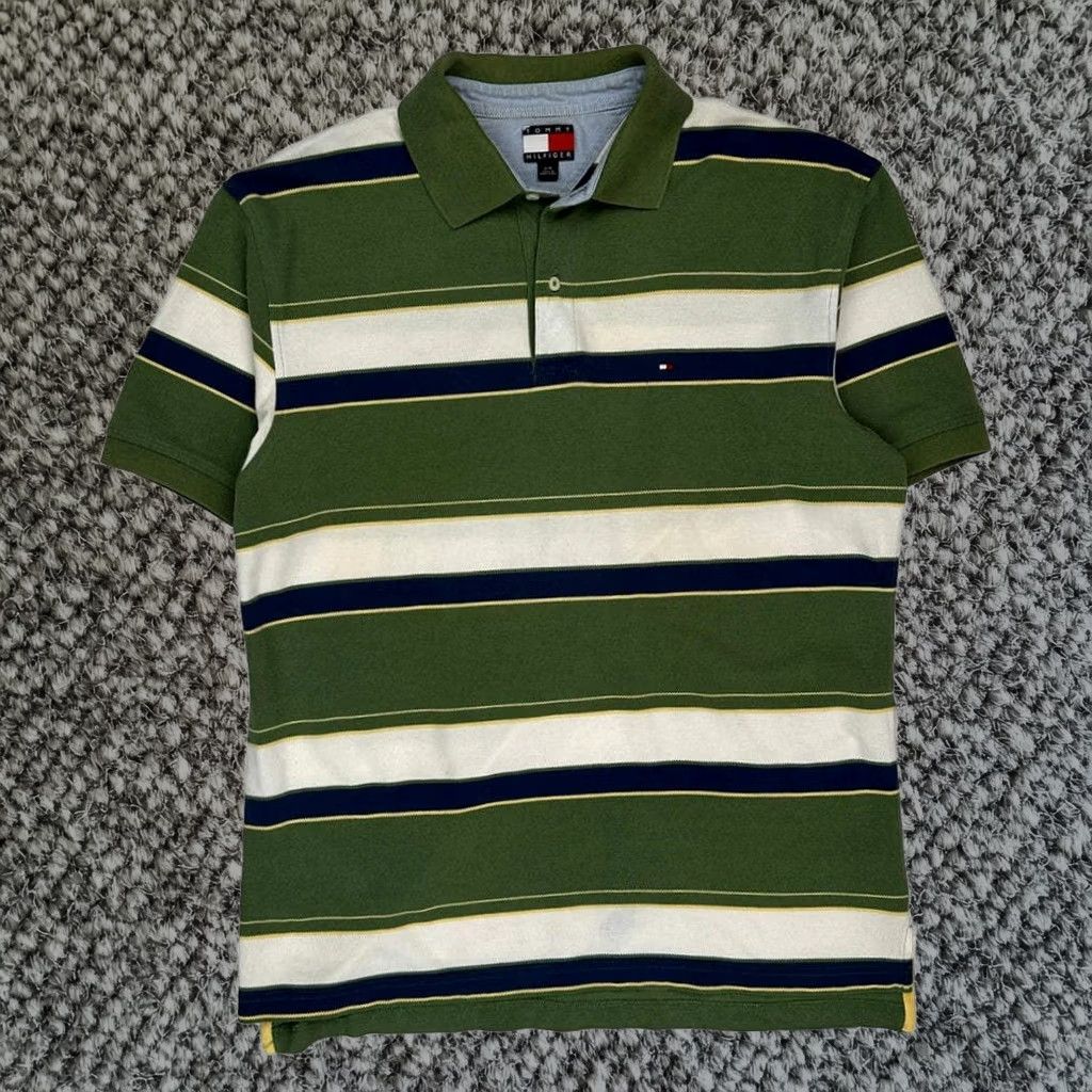 Vintage Tommy Hilfiger Polo Shirt Large Green Cotton Striped Mens, Men's