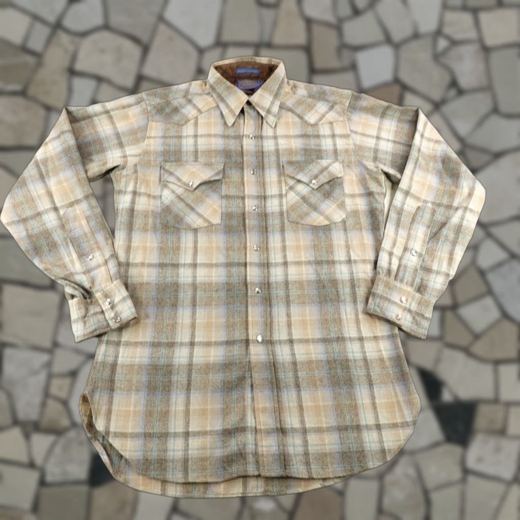 Pendleton VINTAGE Pendleton Shirt Mens Medium Beige Plaid Wool Flannel Western Pearl Snap 70s Size US M / EU 48-50 / 2 - 1 Thumbnail