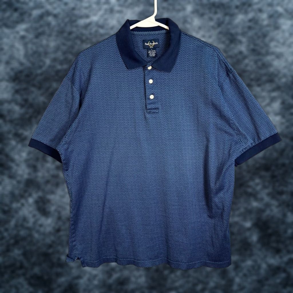 Vintage Paul Fredrick Mens Large Blue Chevron Polo Shirt 100% Cotton Short Sleeve Polo Shirt Blue Mens Large 100% Cotton Golf Casual Summer Spring Size US L / EU 52-54 / 3 - 1 Thumbnail