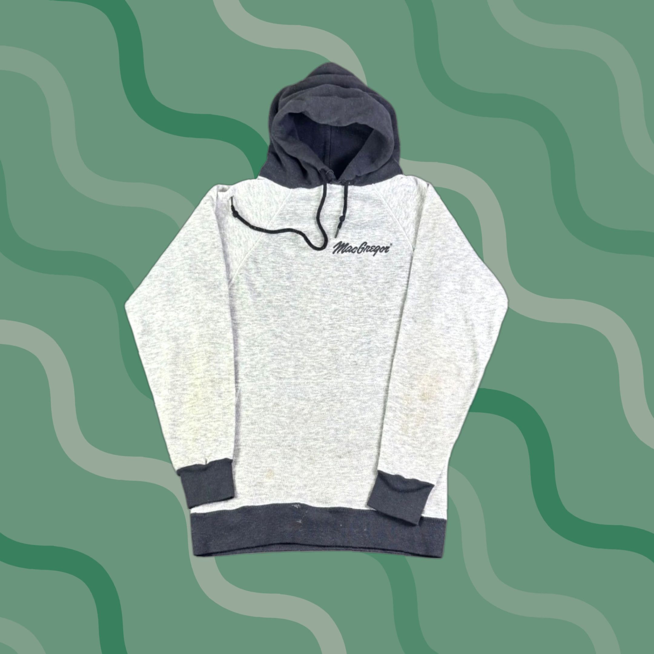McGregor VINTAGE MacGregor Hoodie Mens S Gray Navy Raglan Pullover Sweatshirt Hooded Adjustable Crew Neck Size US S / EU 44-46 / 1 - 1 Thumbnail