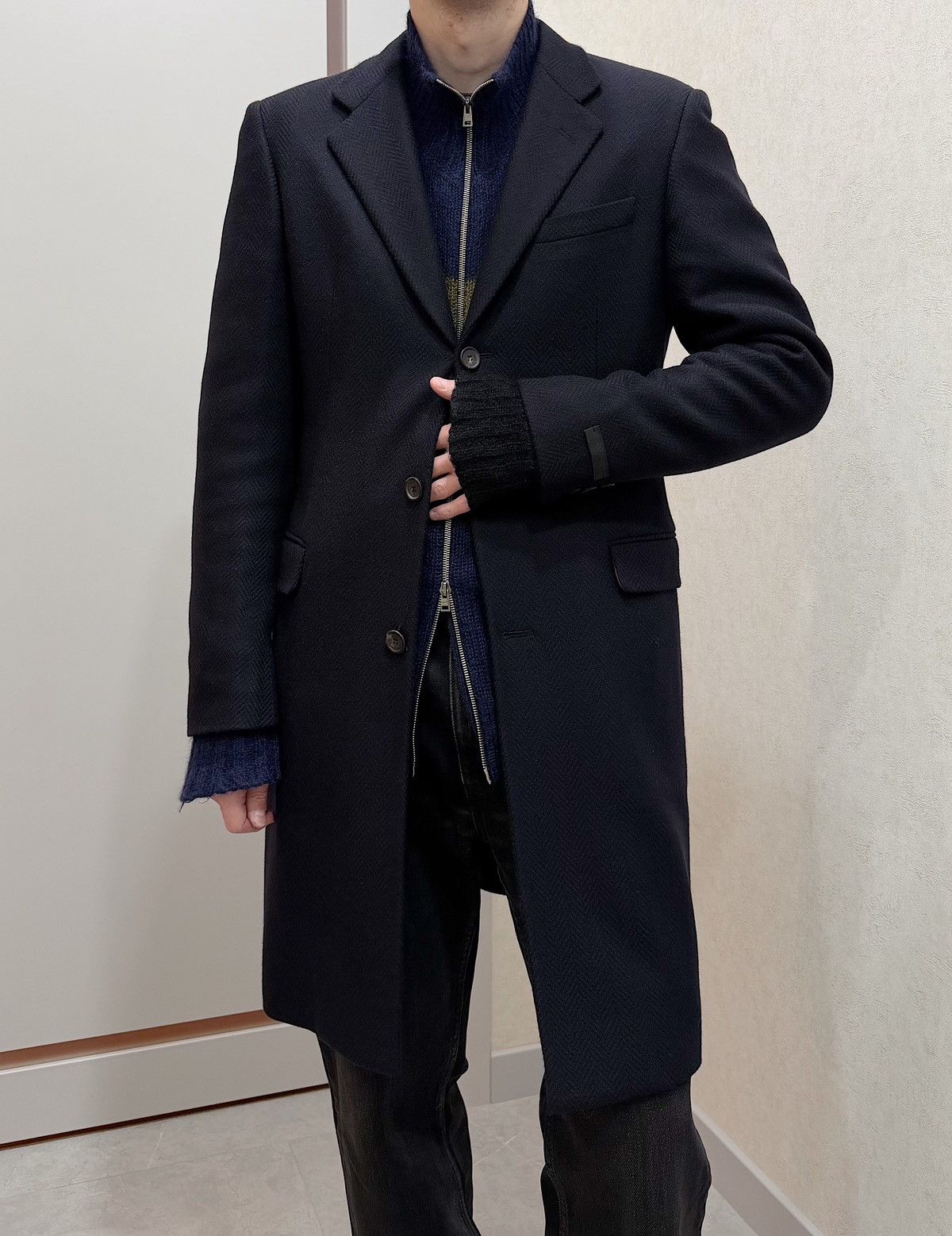 PRADA FW2011 Herringbone Cashmere Long Overcoat Navy Wool