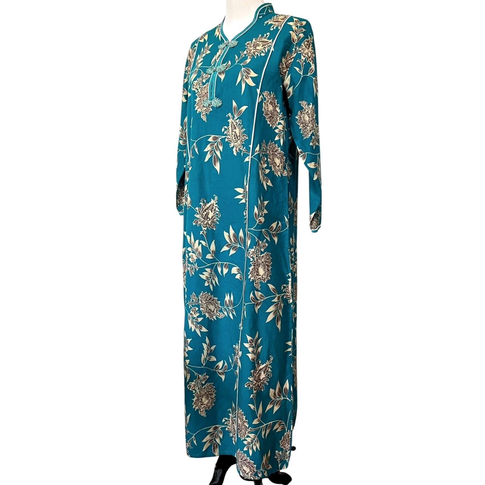 Vintage VINTAGE Orchid Kaftan Dress Mumu Blue Floral Frog Closure Cotton Sz Medium Size M / US 6-8 / IT 42-44 - 3 Thumbnail