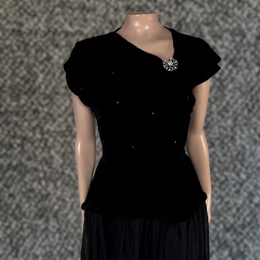 Velvet VINTAGE Dress Maxi Evening Velvet Black 1950s 2XS Women’s Bohemian Party Sequin Funeral X3-24 Size XXS / US 00 / IT 34 - 1 Thumbnail