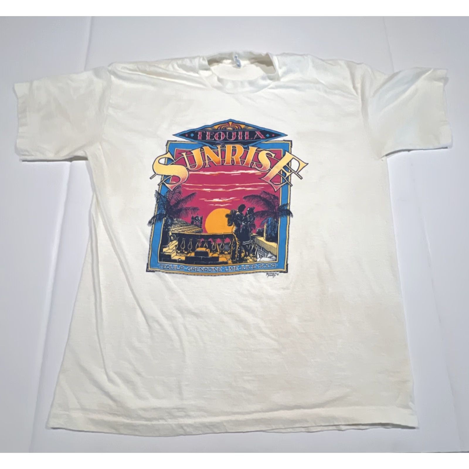 Hanes VINTAGE Tequila Sunrise Graphic Single Stitch T Shirt XL Buffalo Shirts White 1990s Graphic Tee Unisex Boys Womens Mens Size US XL / EU 56 / 4 - 2 Thumbnail