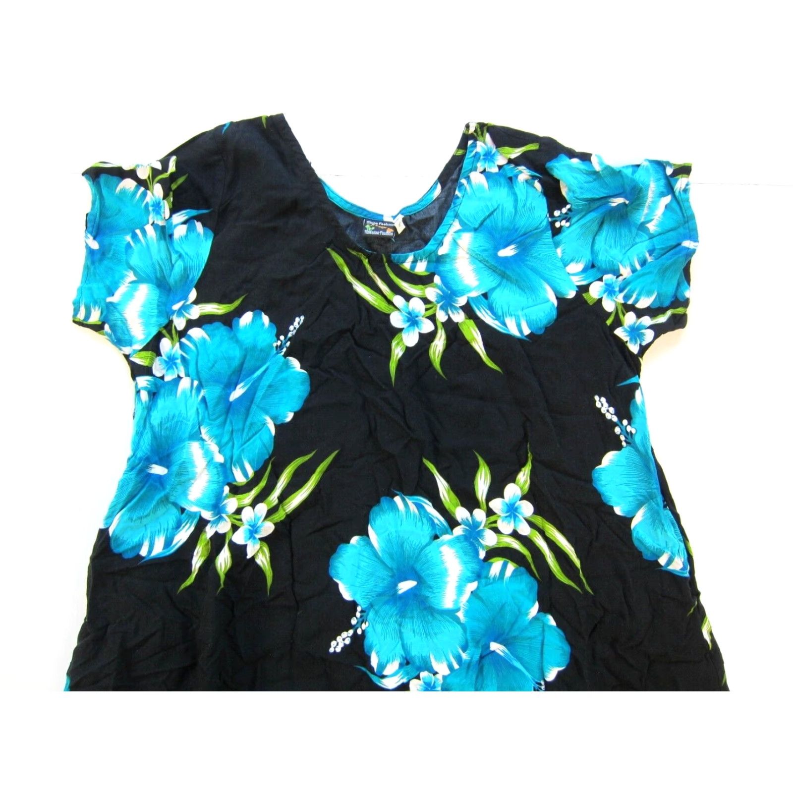 ALOHAS VINTAGE Aloha Hawaiian Fashion Rayon Black Blue Green Floral Short Sleeve Smock Dress L Size 36" / US 14 / IT 50 - 4 Thumbnail