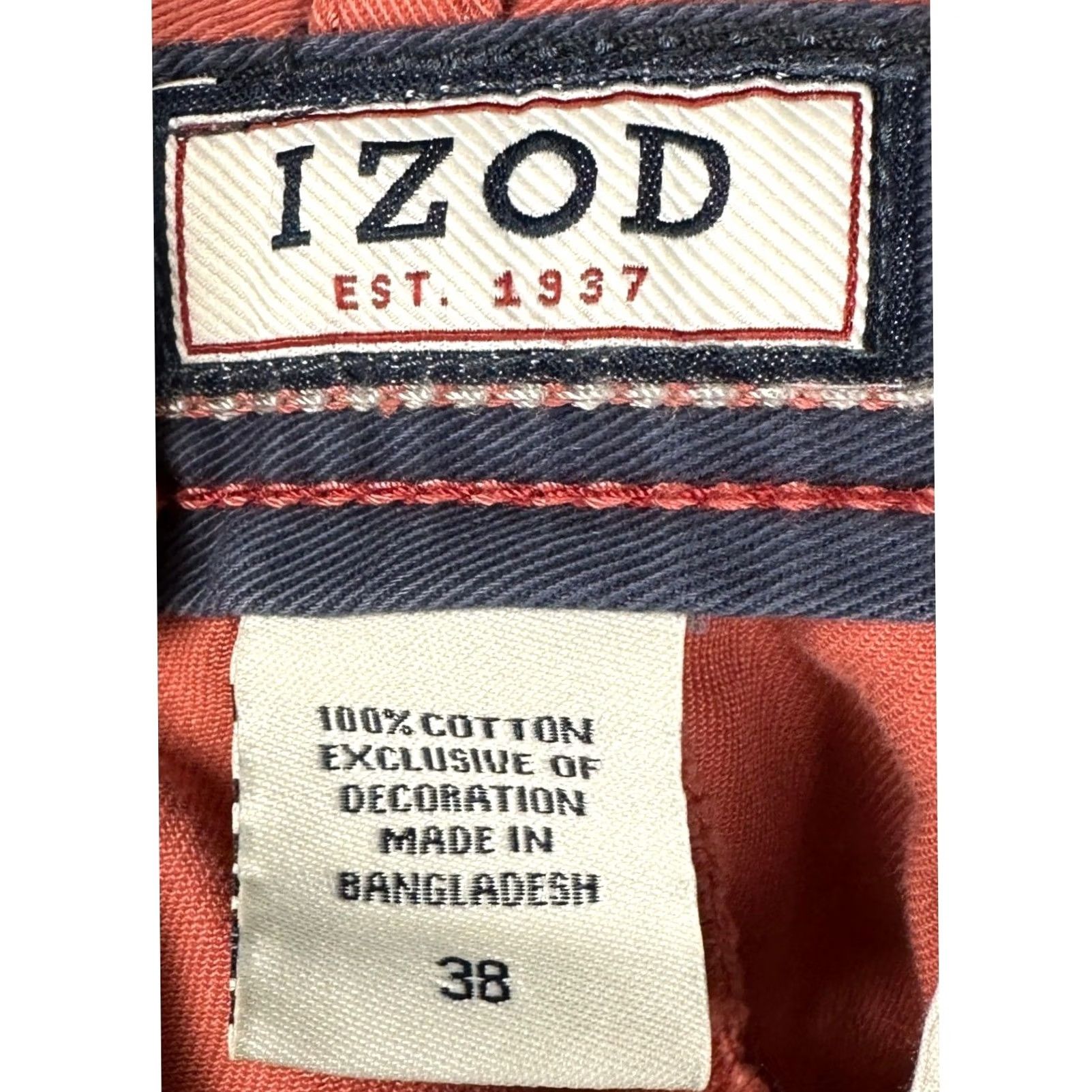 Izod IZOD Shorts Mens 38 Flat Front Chino Short Salmon Orange Belted Pockets Navy/White Striped Belt Casual Summer Nautical Mens Size US 38 / EU 54 - 3 Thumbnail