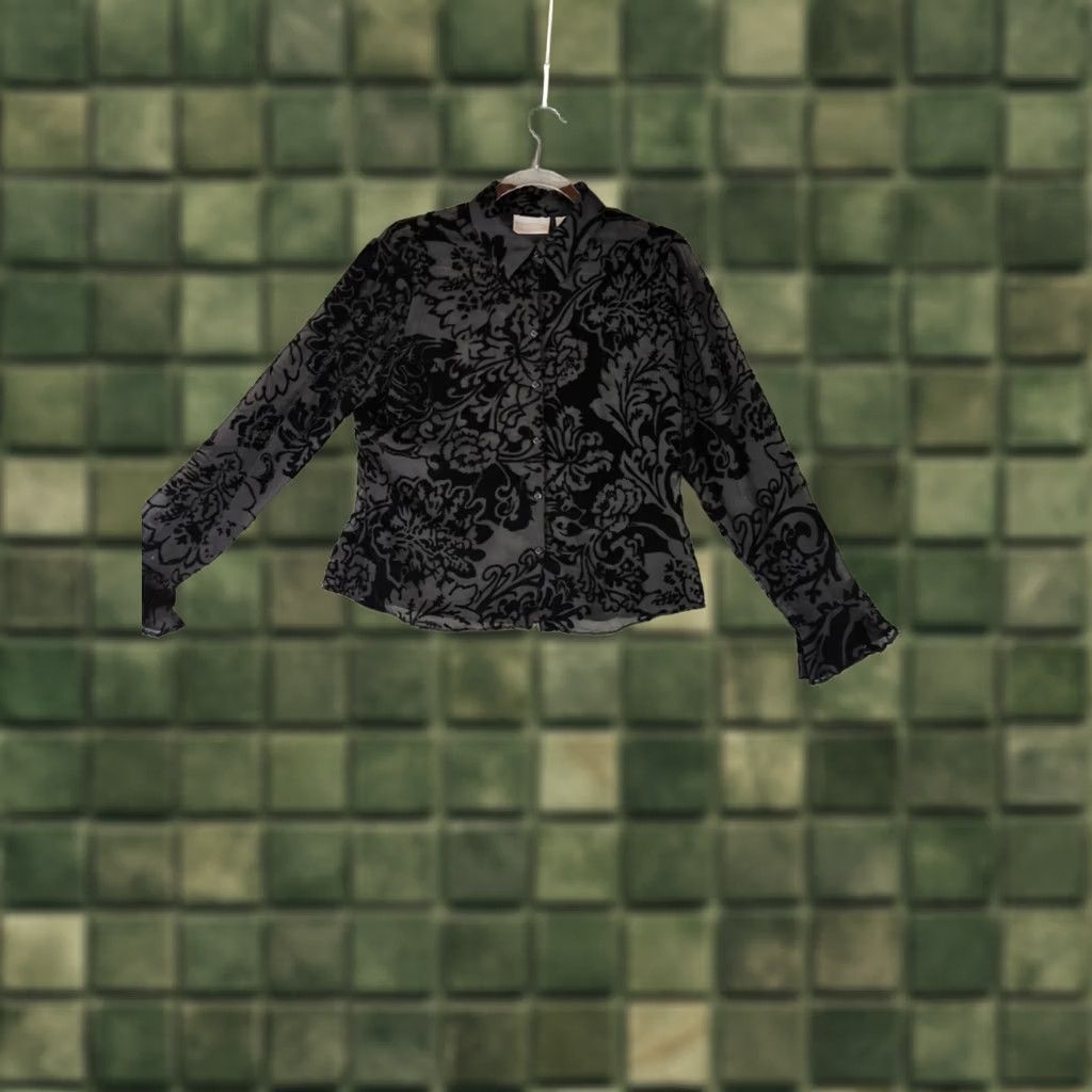 Worthington Worthington Black Velvet Burnout Bell Sleeve Top Womens Size 10 Whimsygoth Witchy Fairygoth Floral Size L / US 10 / IT 46 - 1 Thumbnail