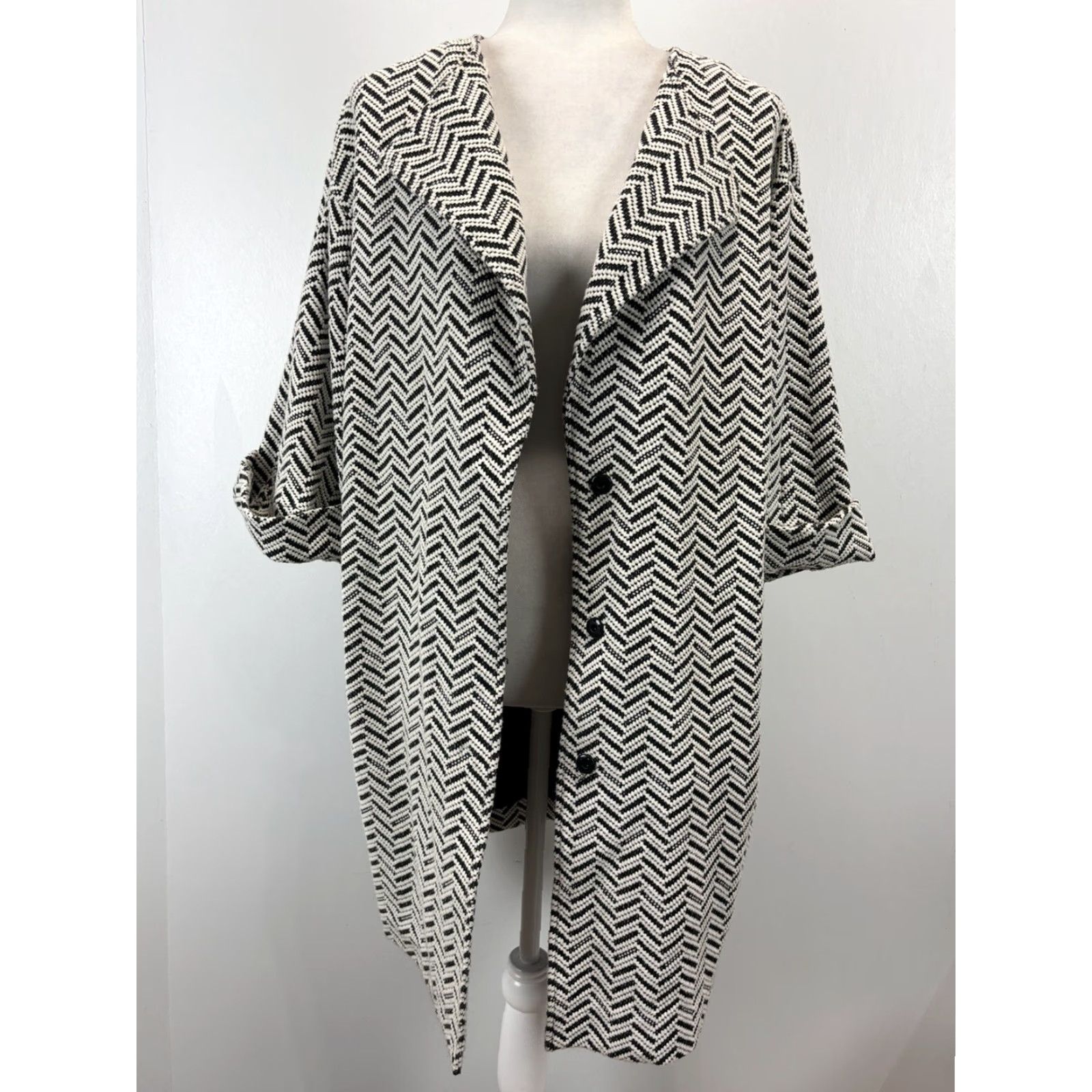 Vintage Chicos Jacket Womens M Ivory Black Chevron Knit Jacquard Duster Snap Closure Size M / US 6-8 / IT 42-44 - 5 Thumbnail