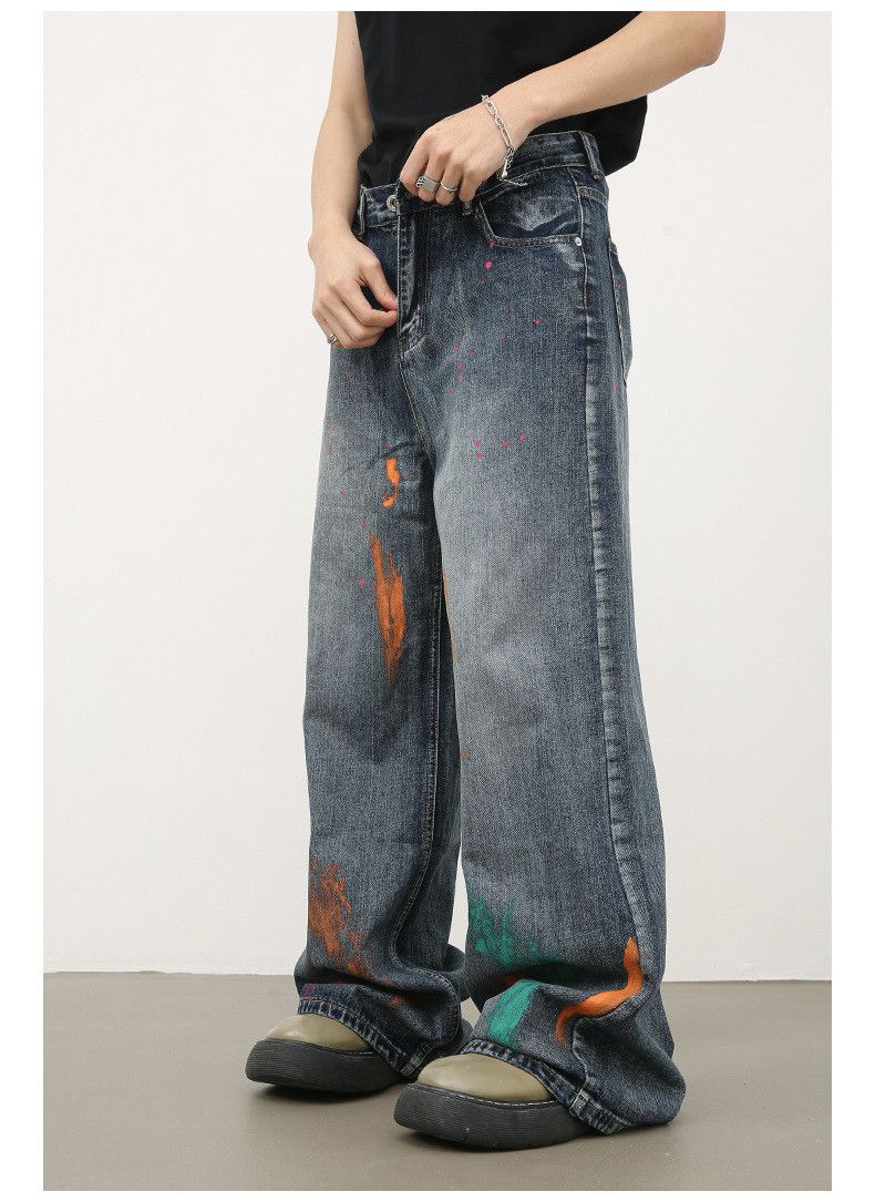 Japanese Brand × Jean Japanese retro ink-splashed loose straight jeans for men Size US 34 / EU 50 - 4 Thumbnail