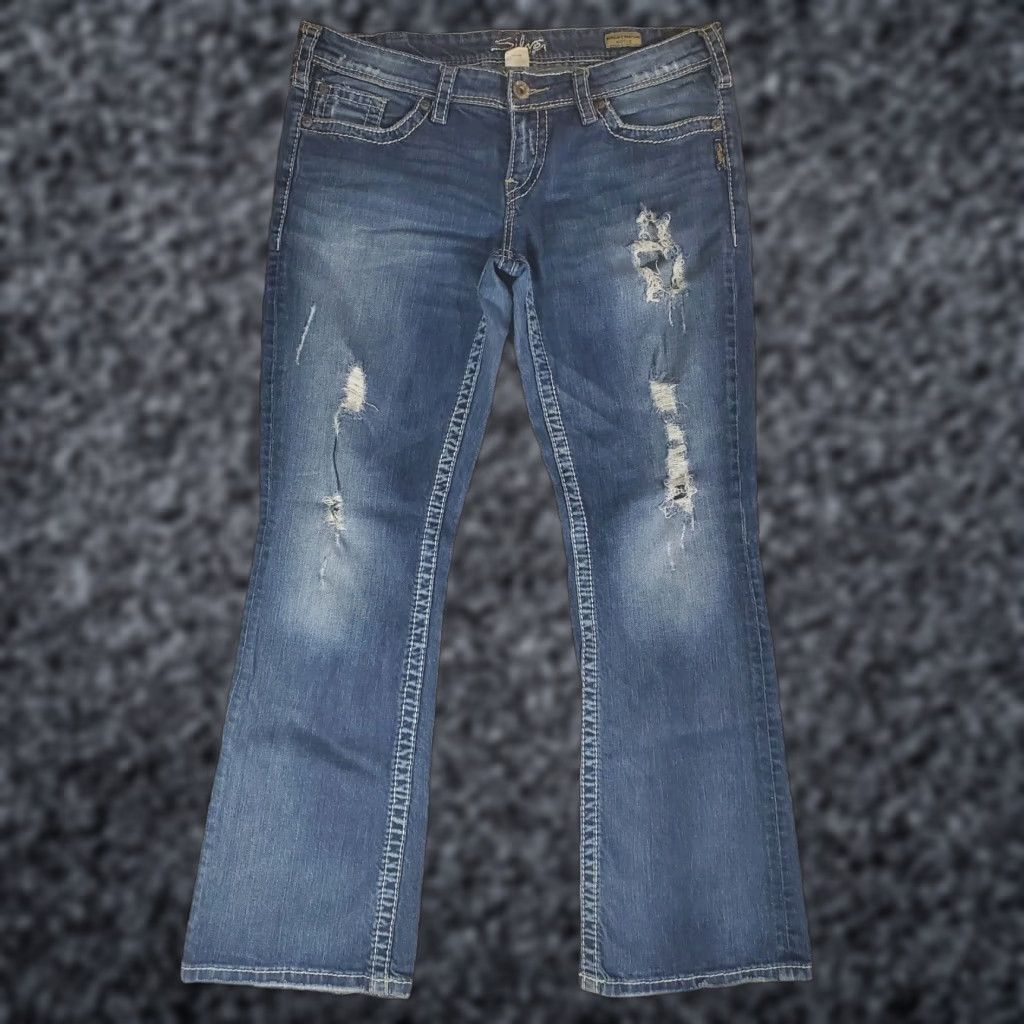 Silver Jeans Co. VINTAGE not applicable here; Silver Jeans Berkley Surplus Bootcut Distressed 5-Pocket Womens 32x31 Blue Jeans Size 24" / US 00 / IT 34 - 1 Thumbnail