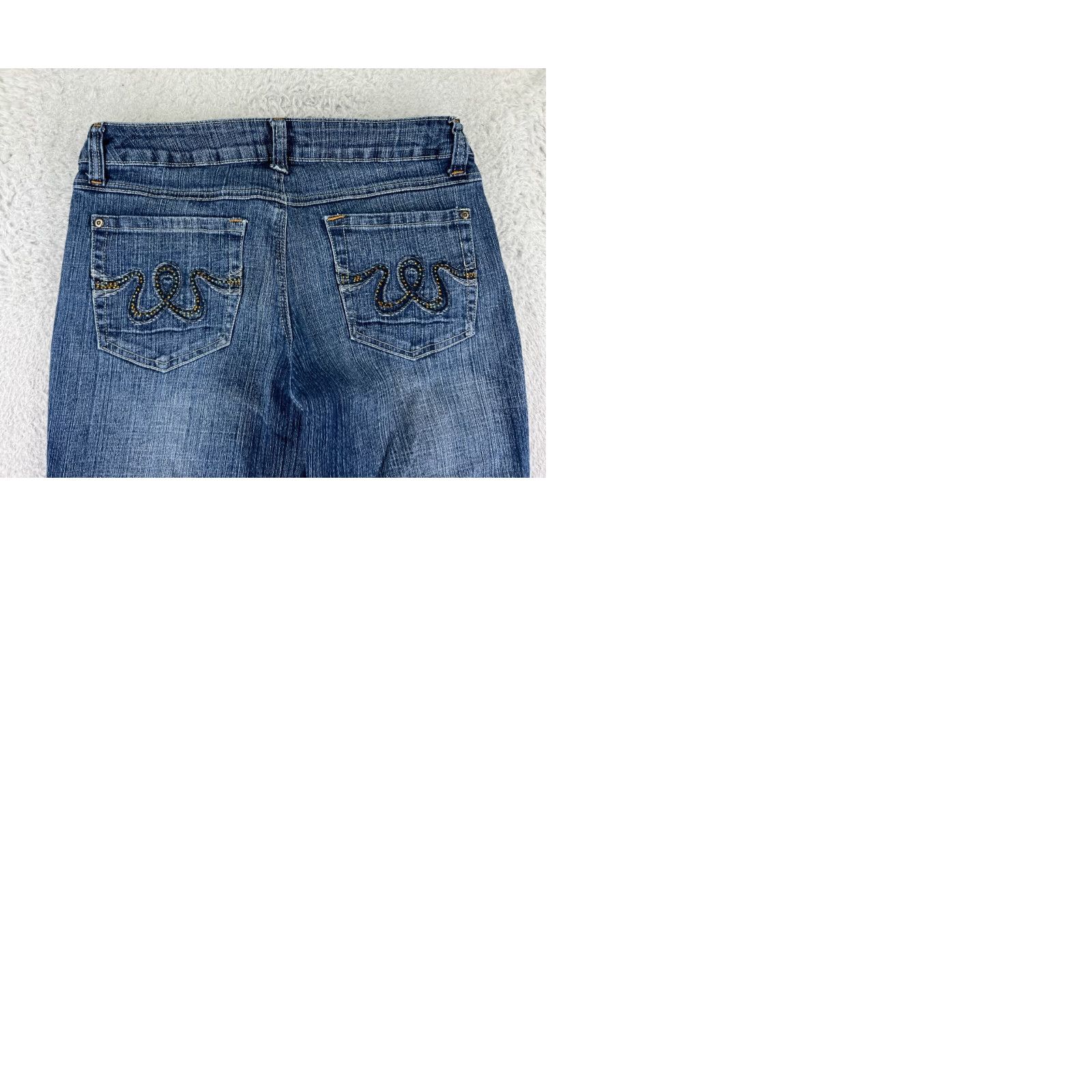 Vintage Cato Jeans Womens 12 Blue Denim Cotton Mid Rise Flared Embroidered 5-Pocket Distressed Stretch Low Rise Size 34" / US 12 / IT 48 - 10 Thumbnail