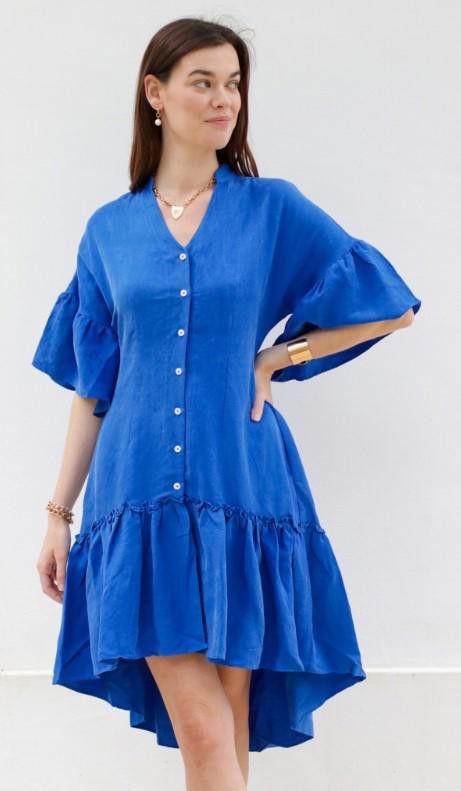 image of Designer (19) NWT High Low Ruffle Dress Chloe Kristyn Msrp $388, Xs in Blue, Women's